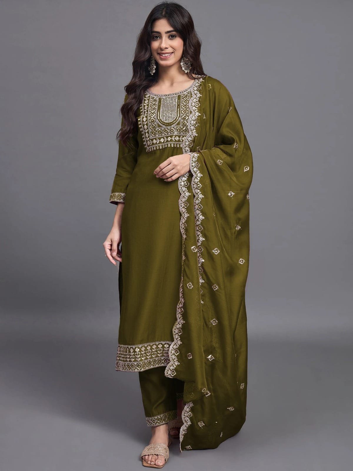 Trendy Slub Cotton Embroidered Kurti with Cotton Bottom and Chinnon Dupatta Set (Code: FB.K)