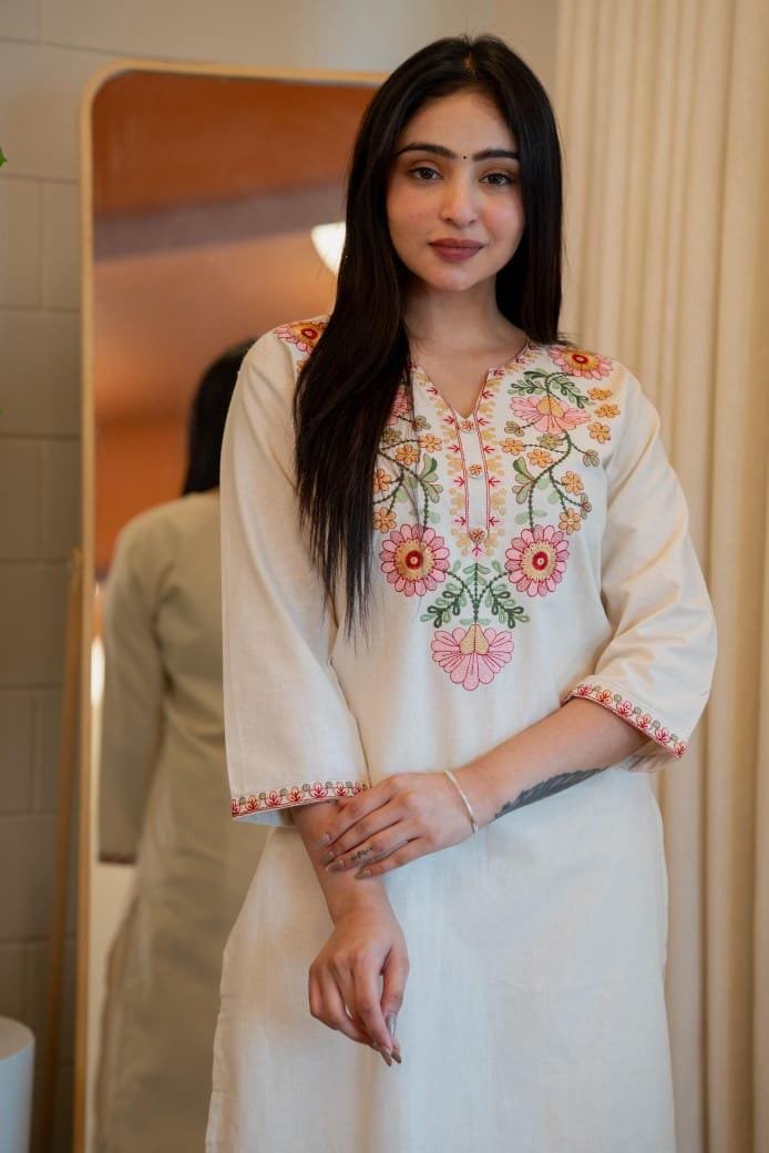 Pure Khadi Cotton Embroidered Kurti with Bottom Set Code !! F.B.K.