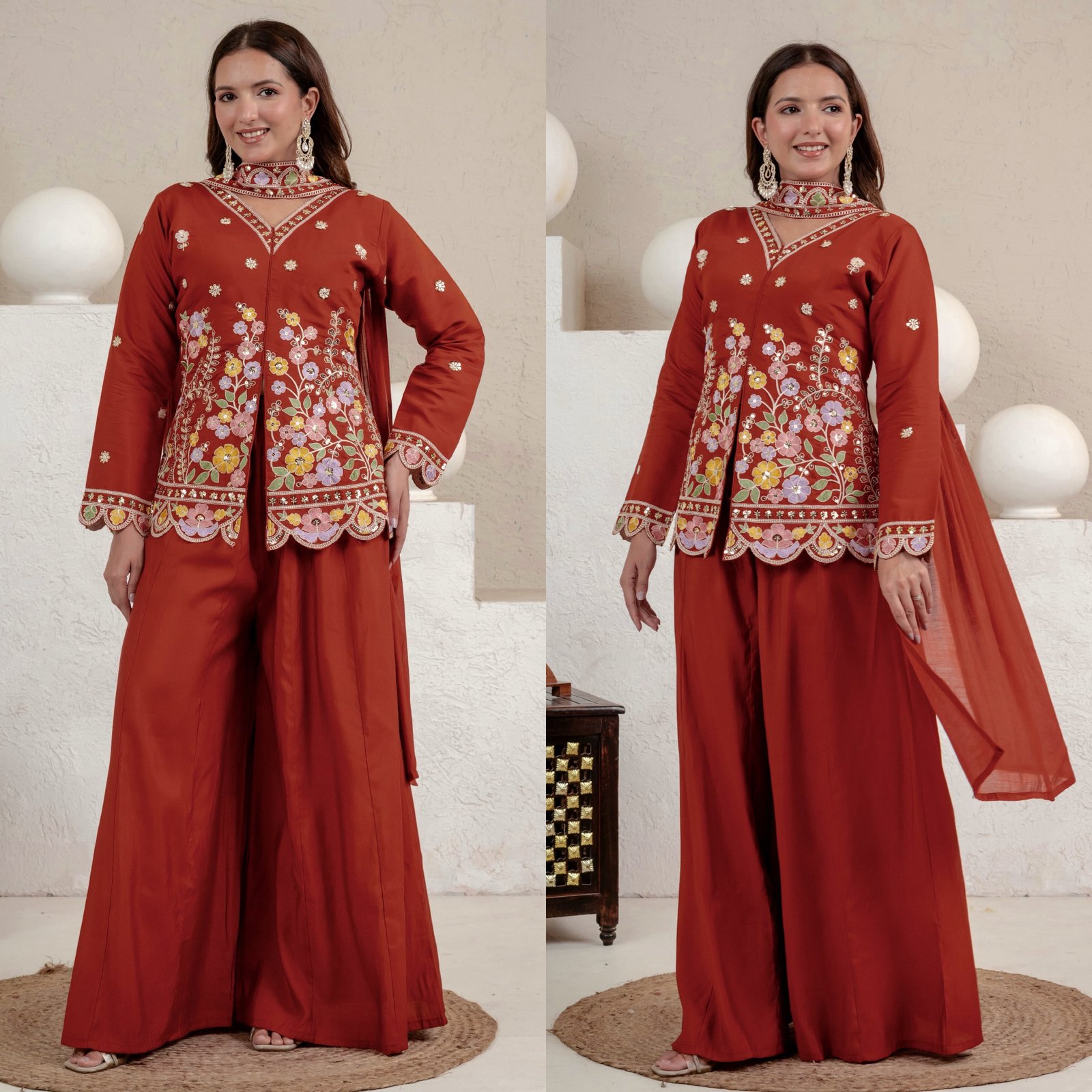 Heavy Roman Silk Designer Party Wear Top with Sharara Palazzo and Dupatta Set Code!! F.B.S.S.