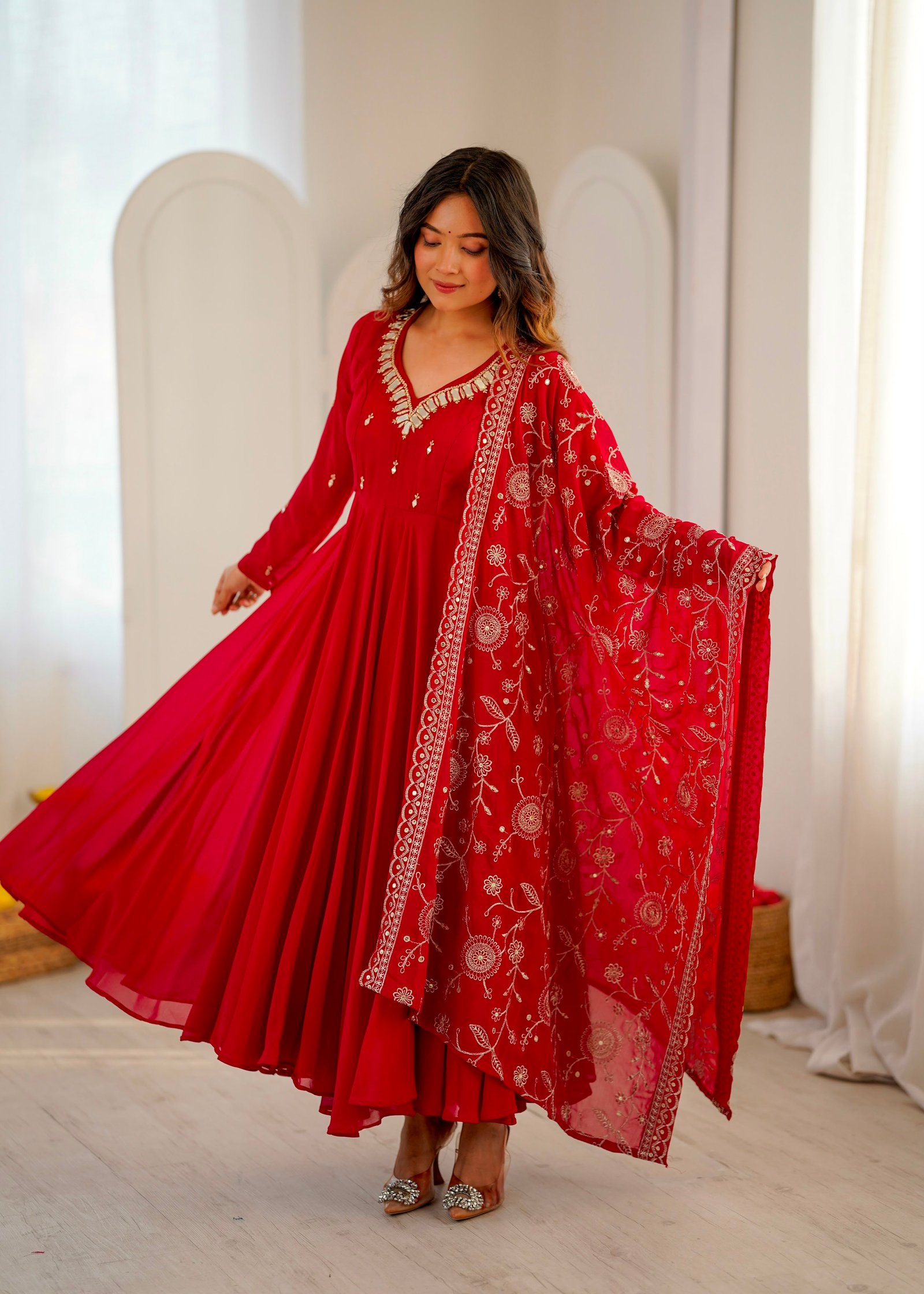 Elegant Embroidered Sequence with Khatli Work and Real Mirror Designer Anarkali Three-Piece Set Code !! F.B.S.S.