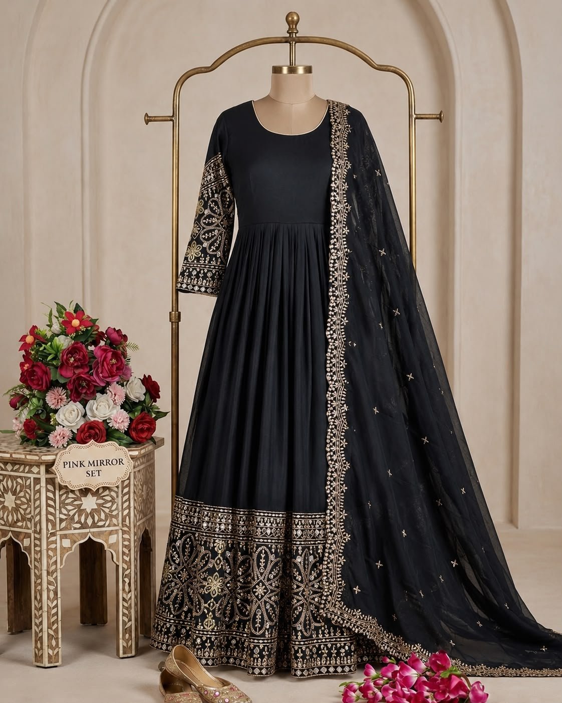 Pure Chinon Silk Embroidered 5mm Sequins with Real Mirror Designer Gown Set   Code !! F.B.S.S.  