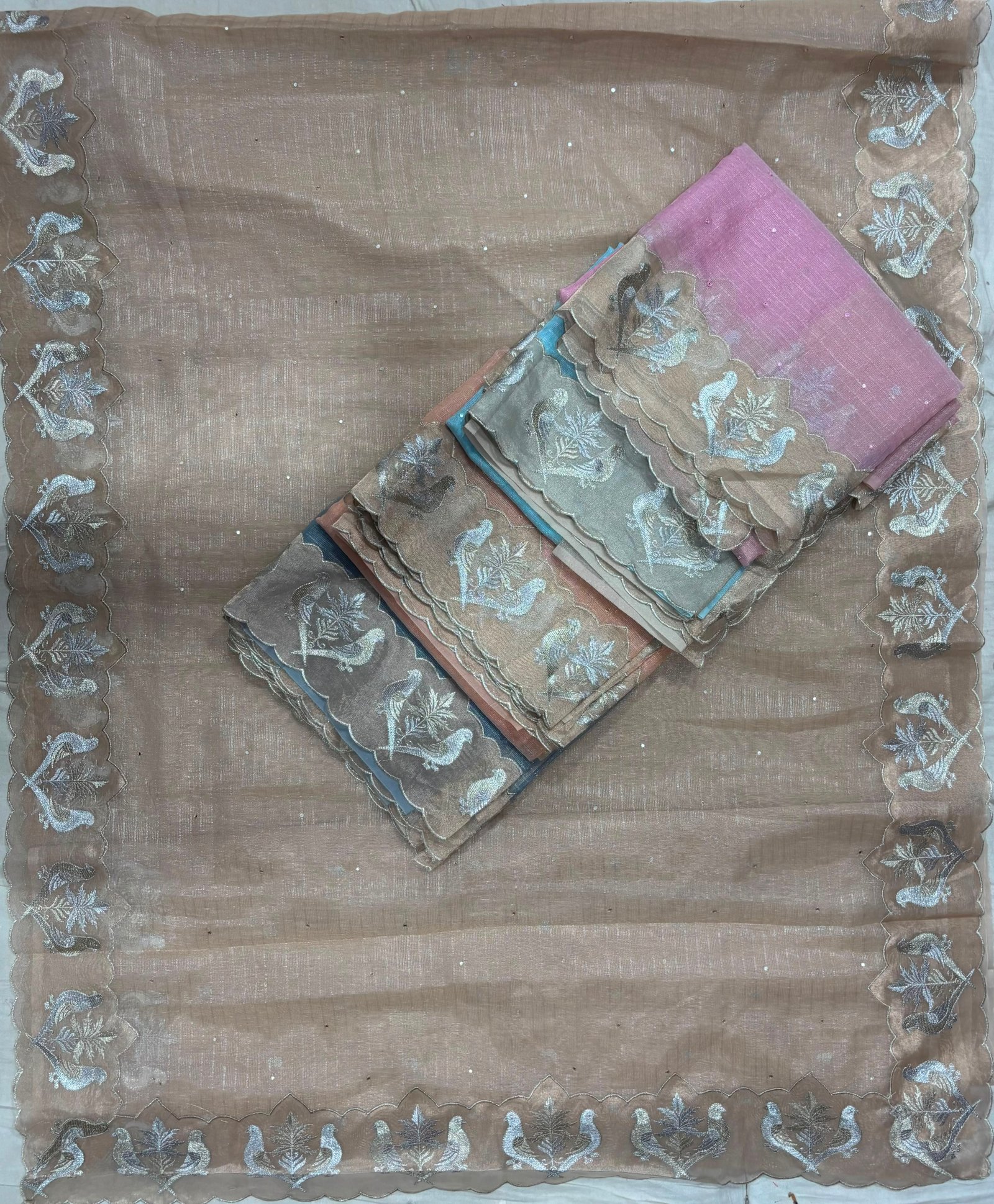 Linen Tissue Saree with Silver and Golden Zari Bird Pattern Cut Work Border (B.H.C.)