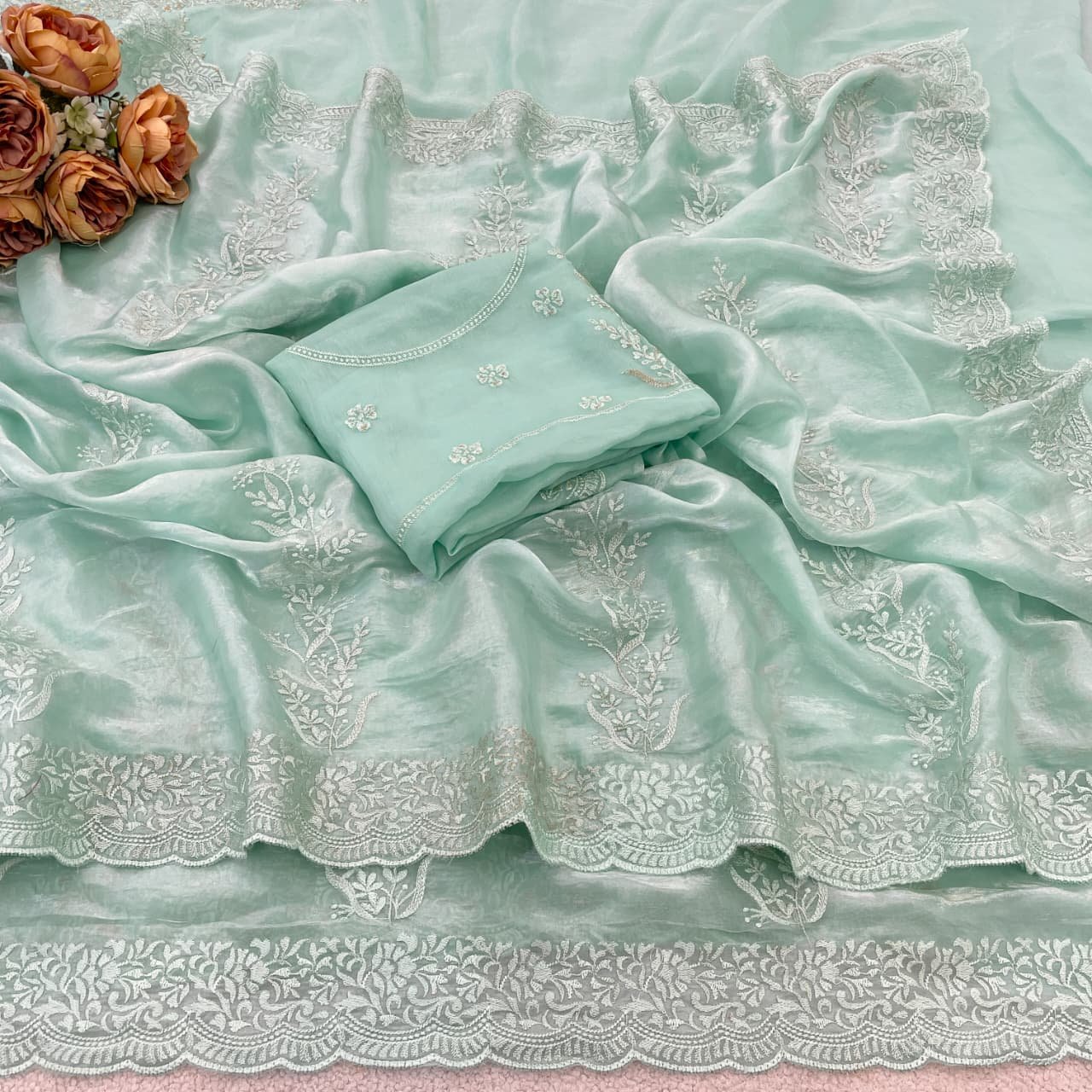 Premium Fancy Satin Saree with Exclusive Embroidery Work and Unstitched Blouse Piece Code !! F.B.S