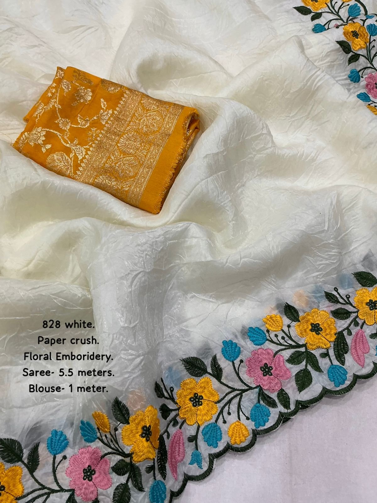 New White Paper Crush Embroidery Saree with Floral C-Pallu Design  Code !! F.B.S.
