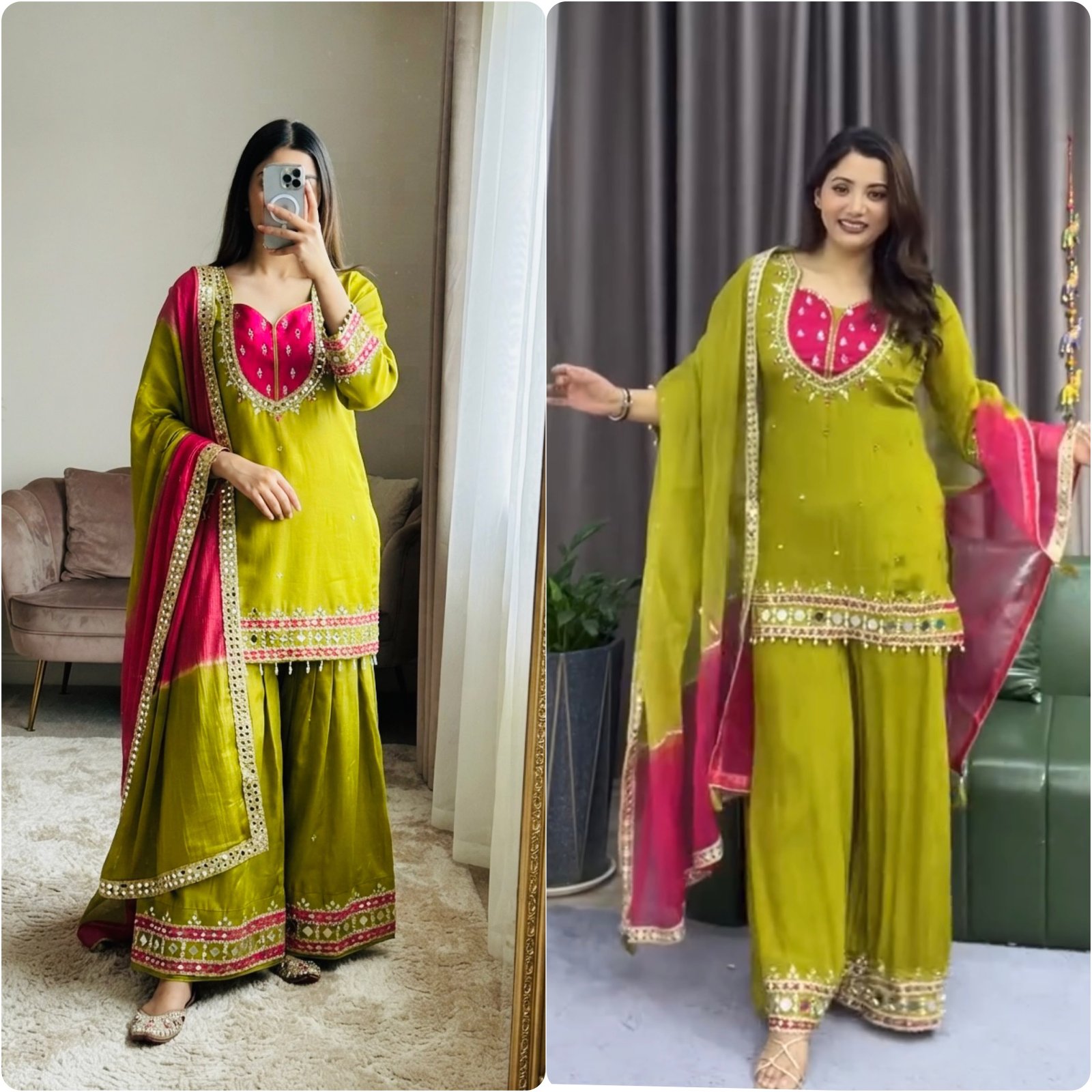 Women’s Roman Glass Ethnic Top and Palazzo Set with Real Mirror Work and Kota Checks Lace Border Dupatta Code!! F.B.S.S.