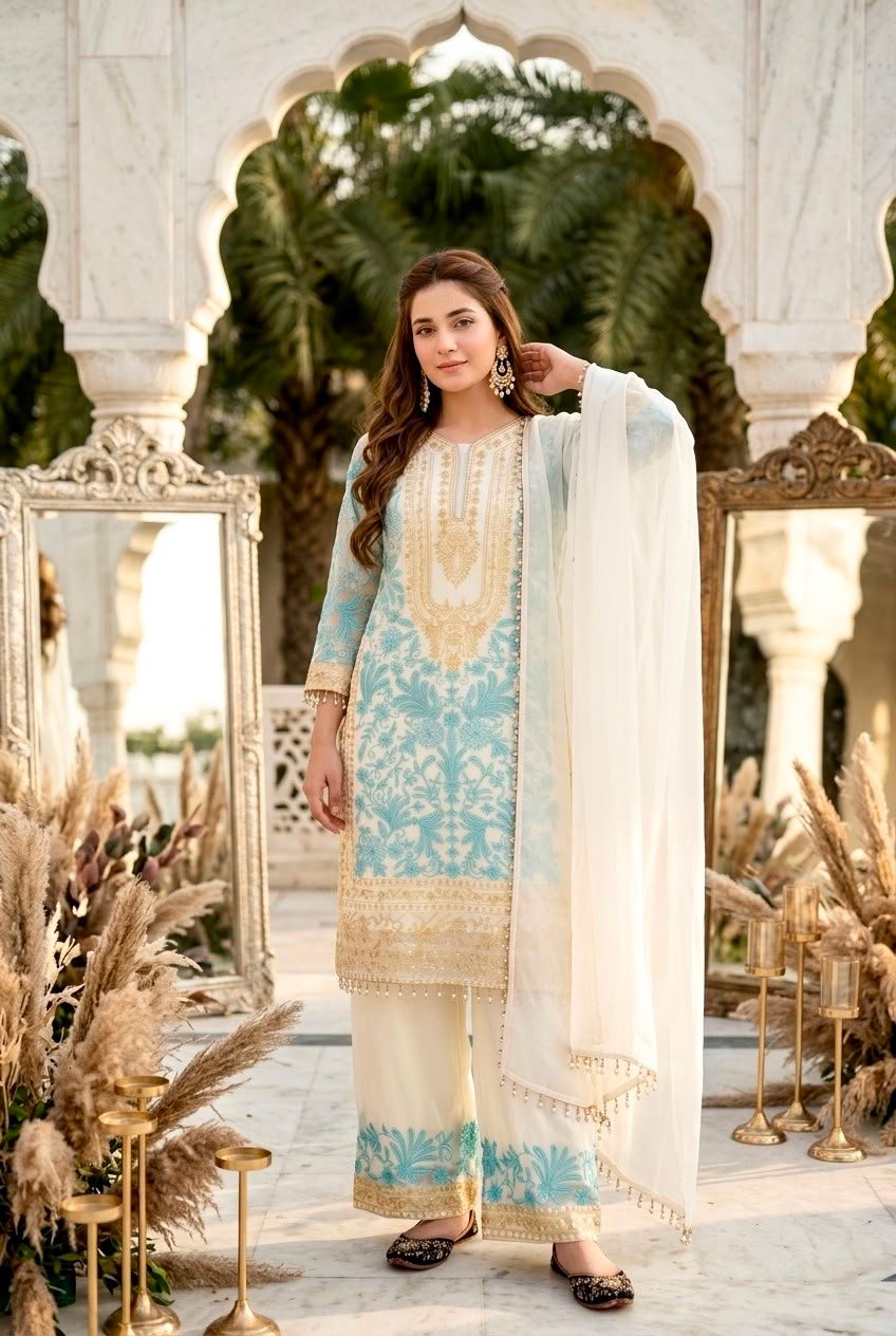 Designer Heavy Diamond Georgette Embroidered Sequence Work Top with Palazzo and Dupatta Set