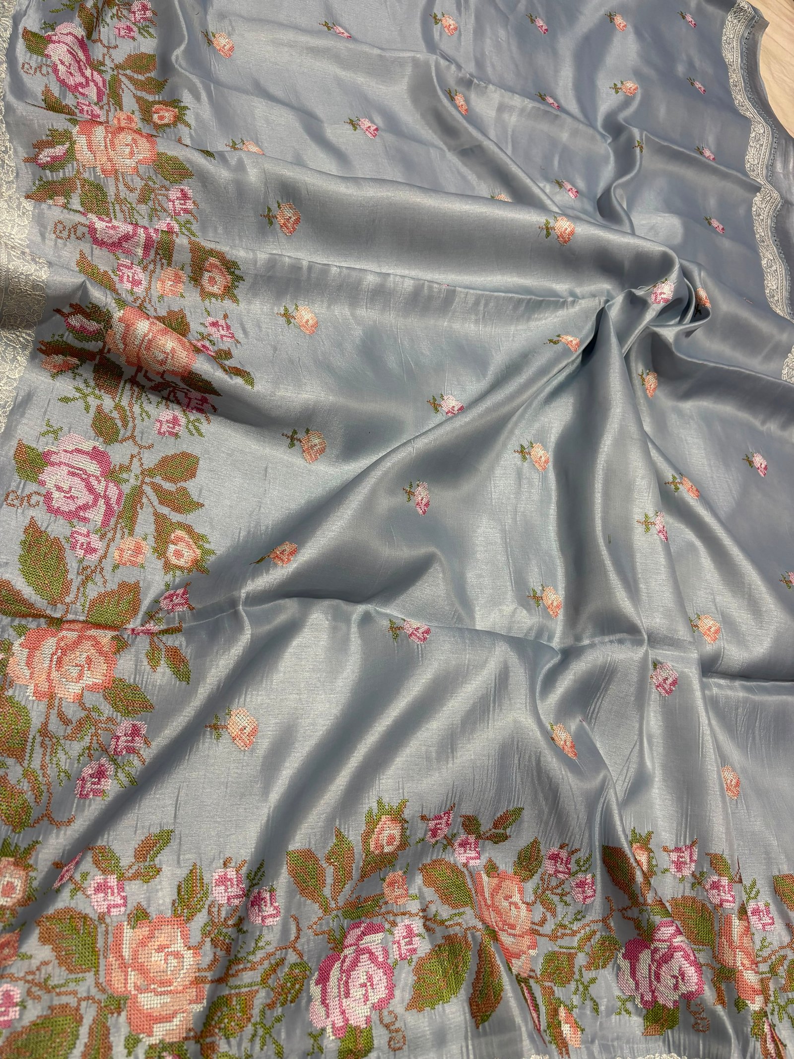 Beautiful cross-stitch floral Resham thread embroidery running along the border and pallu Code !! B.H.C.