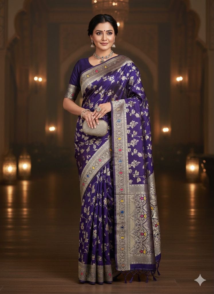 Soft Banarasi Silk Saree with Floral Minakari Weaving & Rich Zari Pallu Code !! F.B.S.