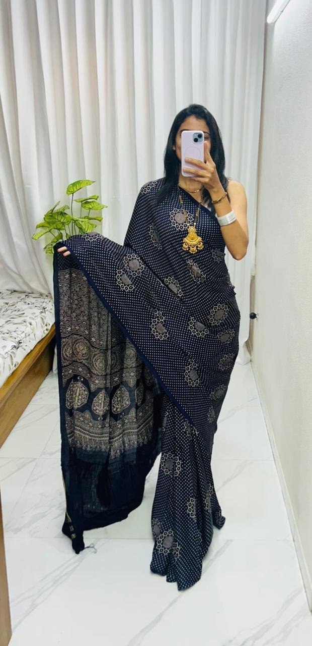 Pure Gajji Silk Ajrakh Bandhej Print Saree with Lagdi Pattu Zari Border & Blouse Piece Code !! F.B.S.