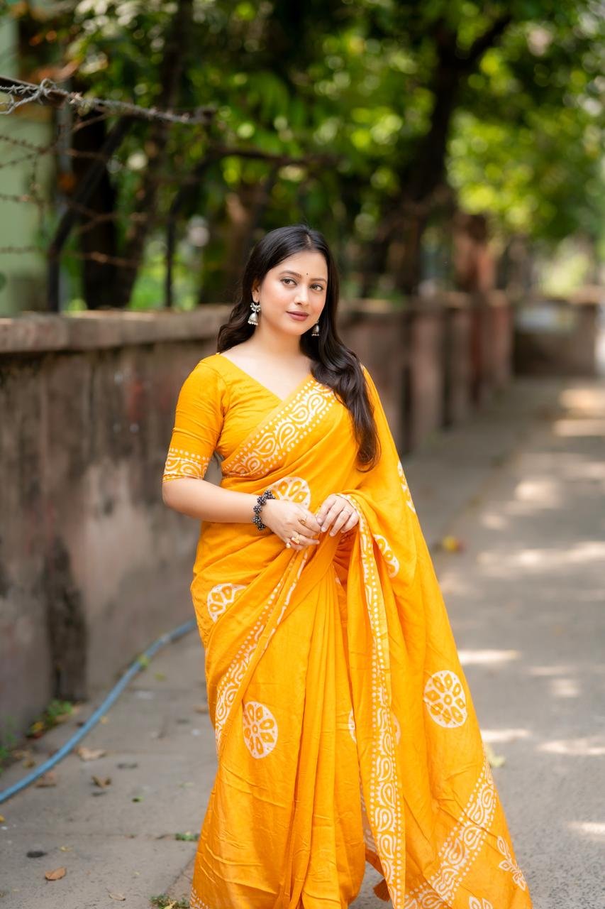 Pure Hand Batik Printed Soft Chanderi Cotton Saree with Tassels & Running Blouse Piece Code!! F.B.S.