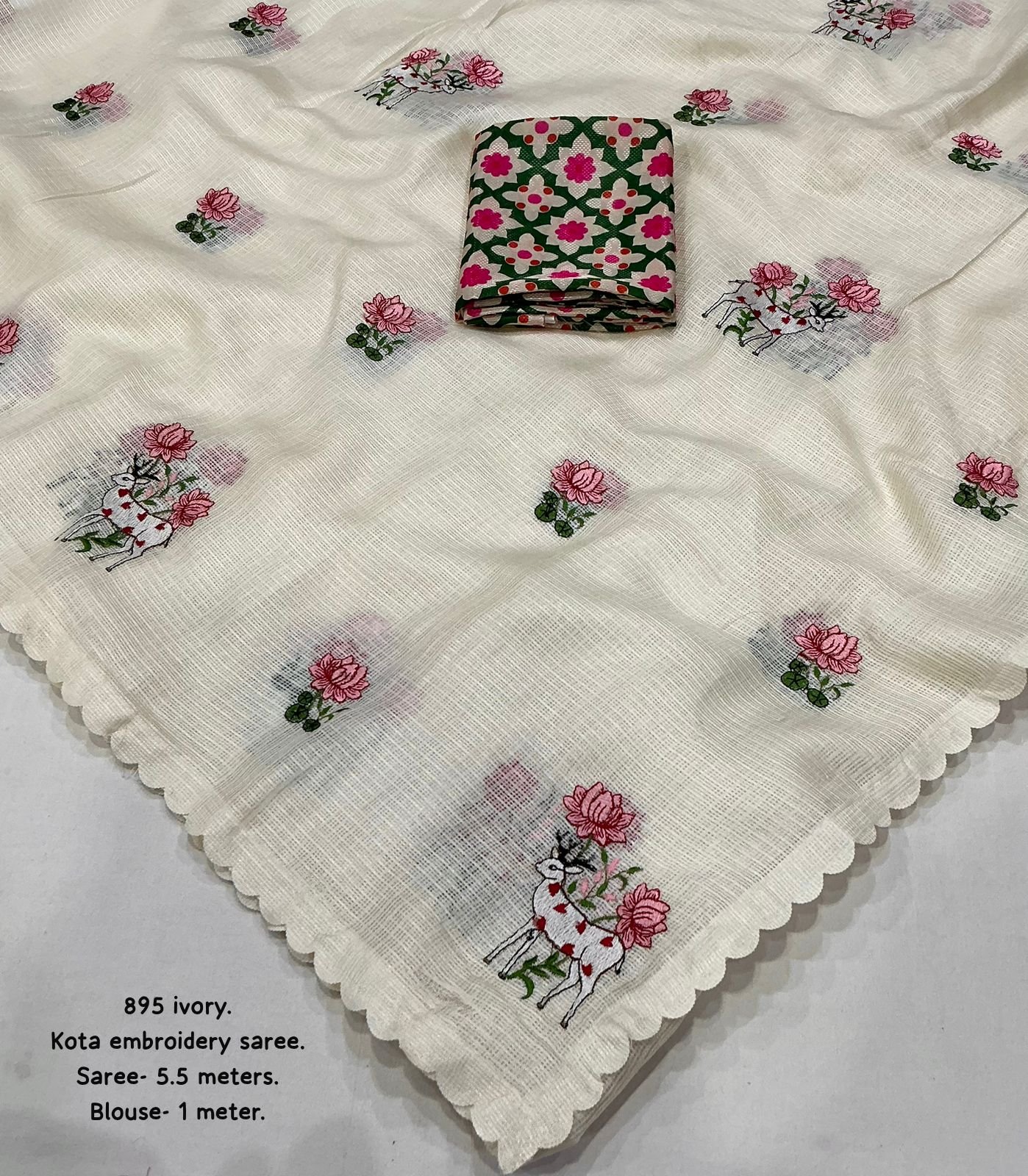 Soft Kota Silk Saree with Heavy Floral & Animal Embroidery, Scalloped Border & Printed Crape Silk Blouse  Code !! F.B.S.