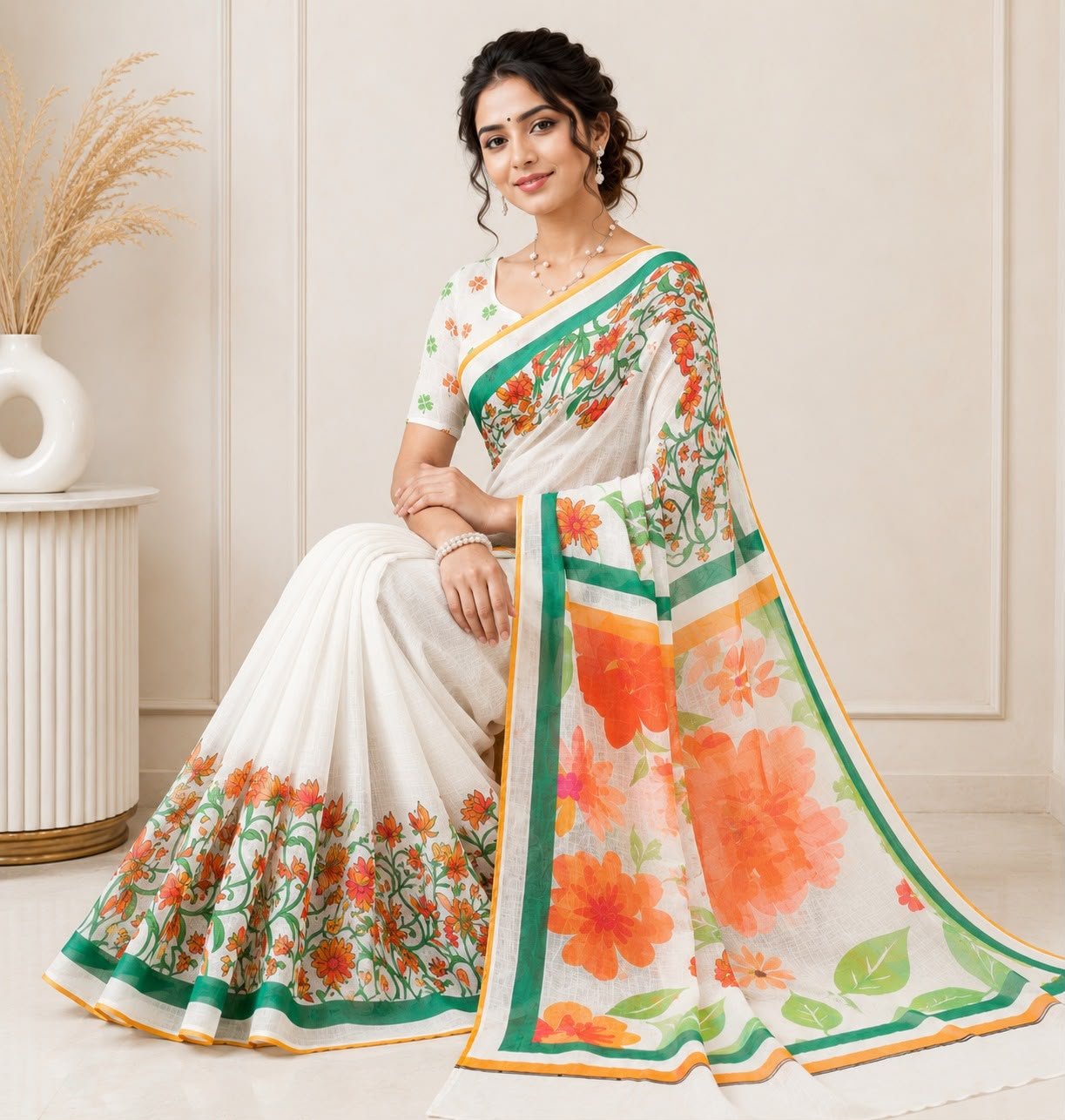 Independence Day Special Premium Linen Saree with Vibrant Digital Floral & Motif Prints Code !! F.B.S.