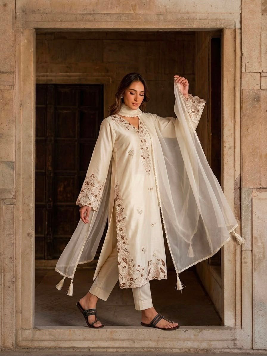 Designer Party Wear Pure Roman Glass Embroidered Oversized Long Kaftan Set with Tabby Organza Dupatta Code !! F.B.P.S.