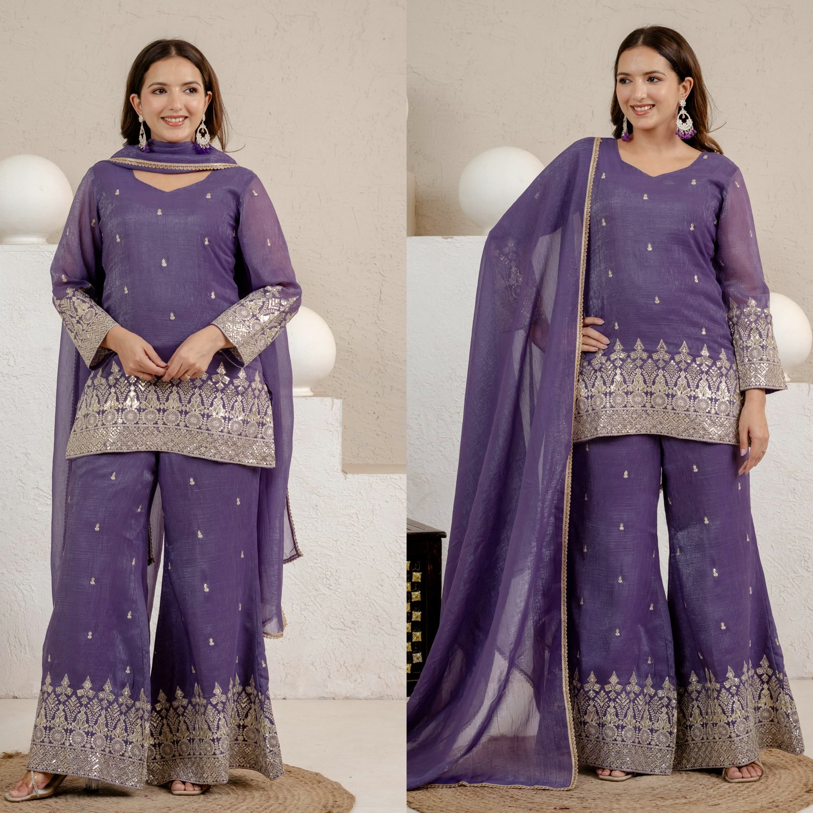 Designer Heavy Crunchy Silk 3mm Sequence Embroidered Top, Palazzo & Dupatta Set Code!! F.B.S.S.