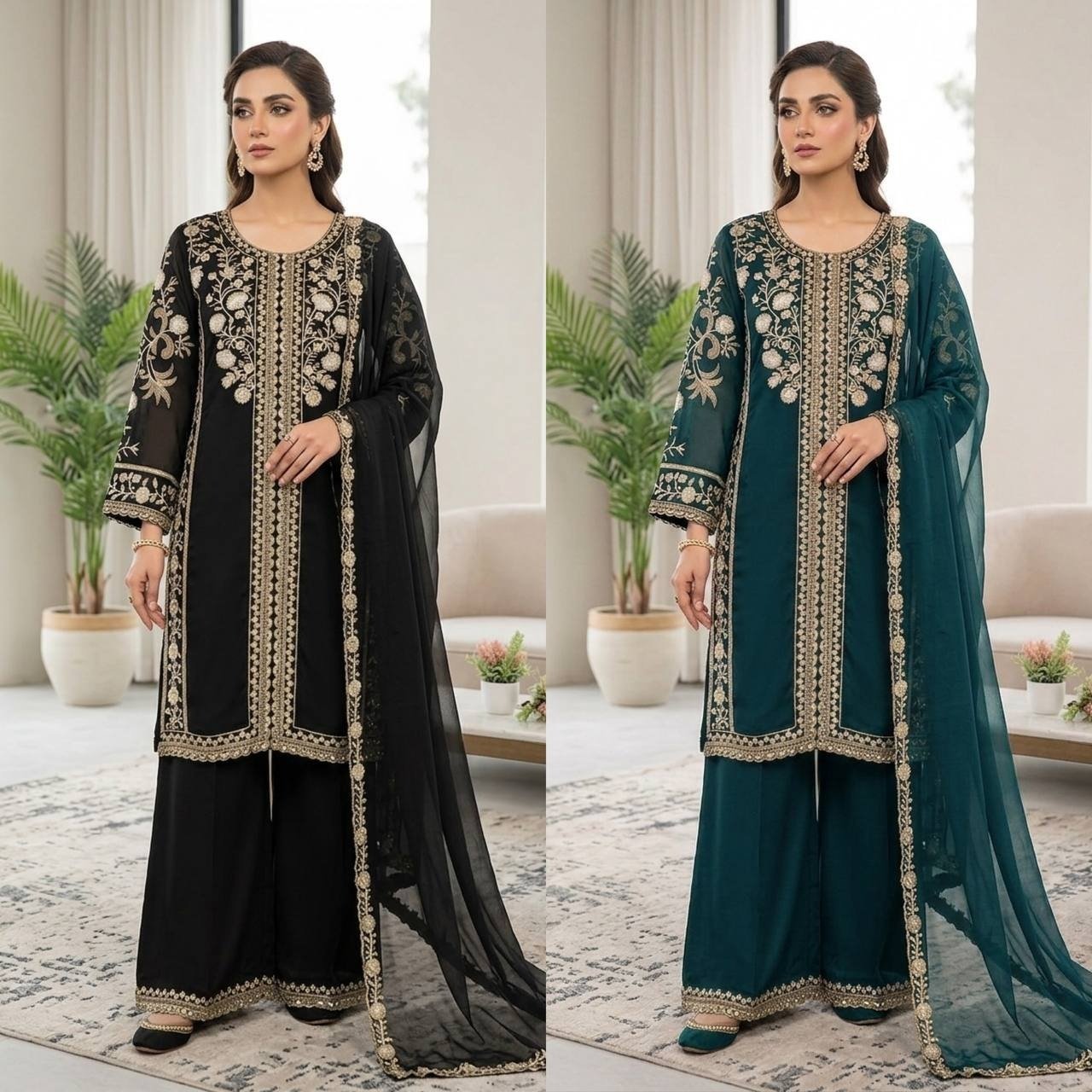 Festive Roman Silk Sequence Embroidered Top & Palazzo Set with Organza Dupatta Code !! F.B.S.S.