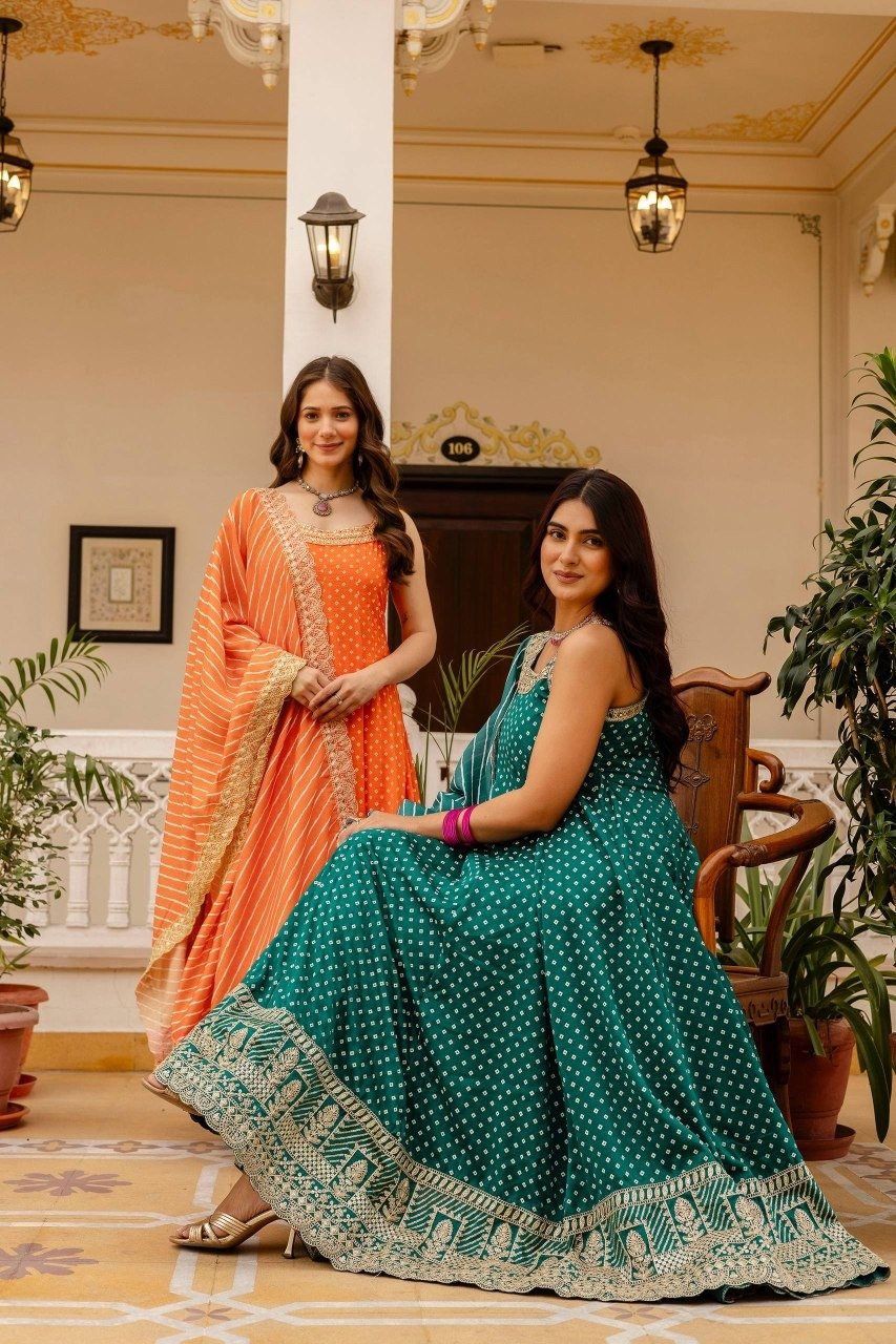 Bandhani Vichitra Silk Embroidered Gown Set with Real Mirror Handwork, Palazzo & Leheriya Dupatta Code!! F.B.S.S.
