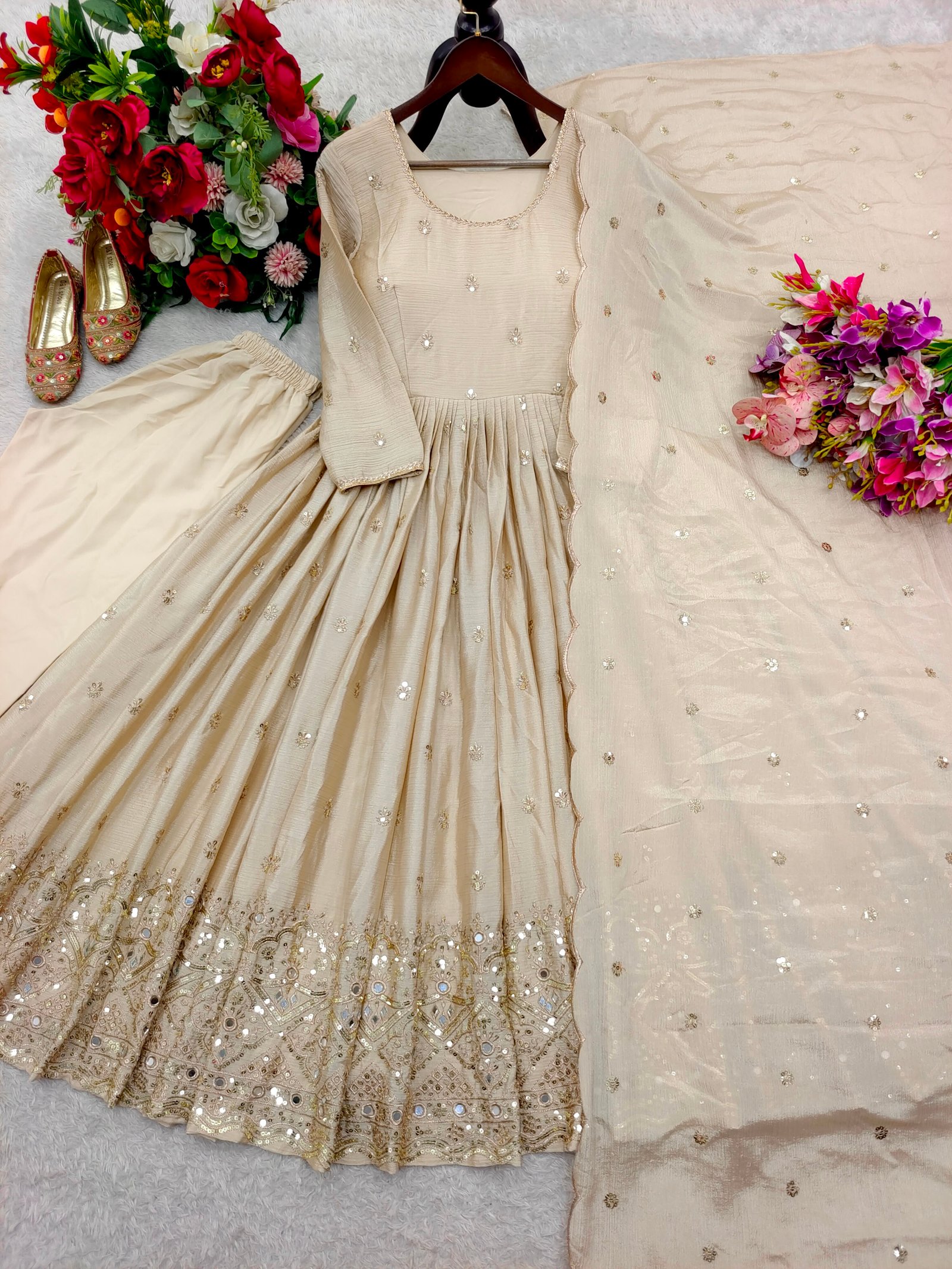 Trending Pure Chinon Silk Gown, Pant & Dupatta Set with Sequence & Real Mirror Hand-Work Code!! F.B.S.S.
