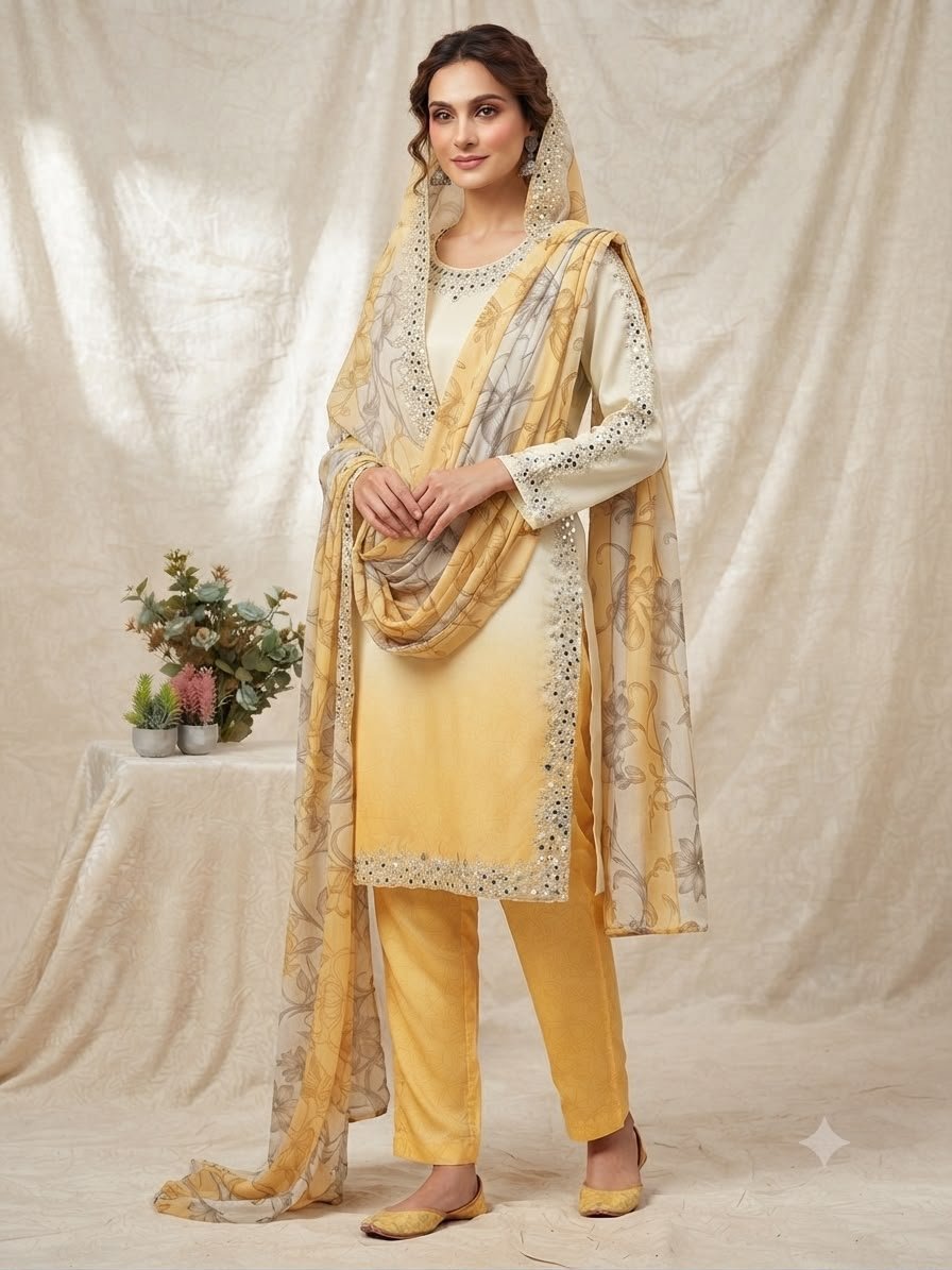 Printed Crape Silk Top & Pant Set with Beads, Real Mirror Embroidery Code !! F.B.S.