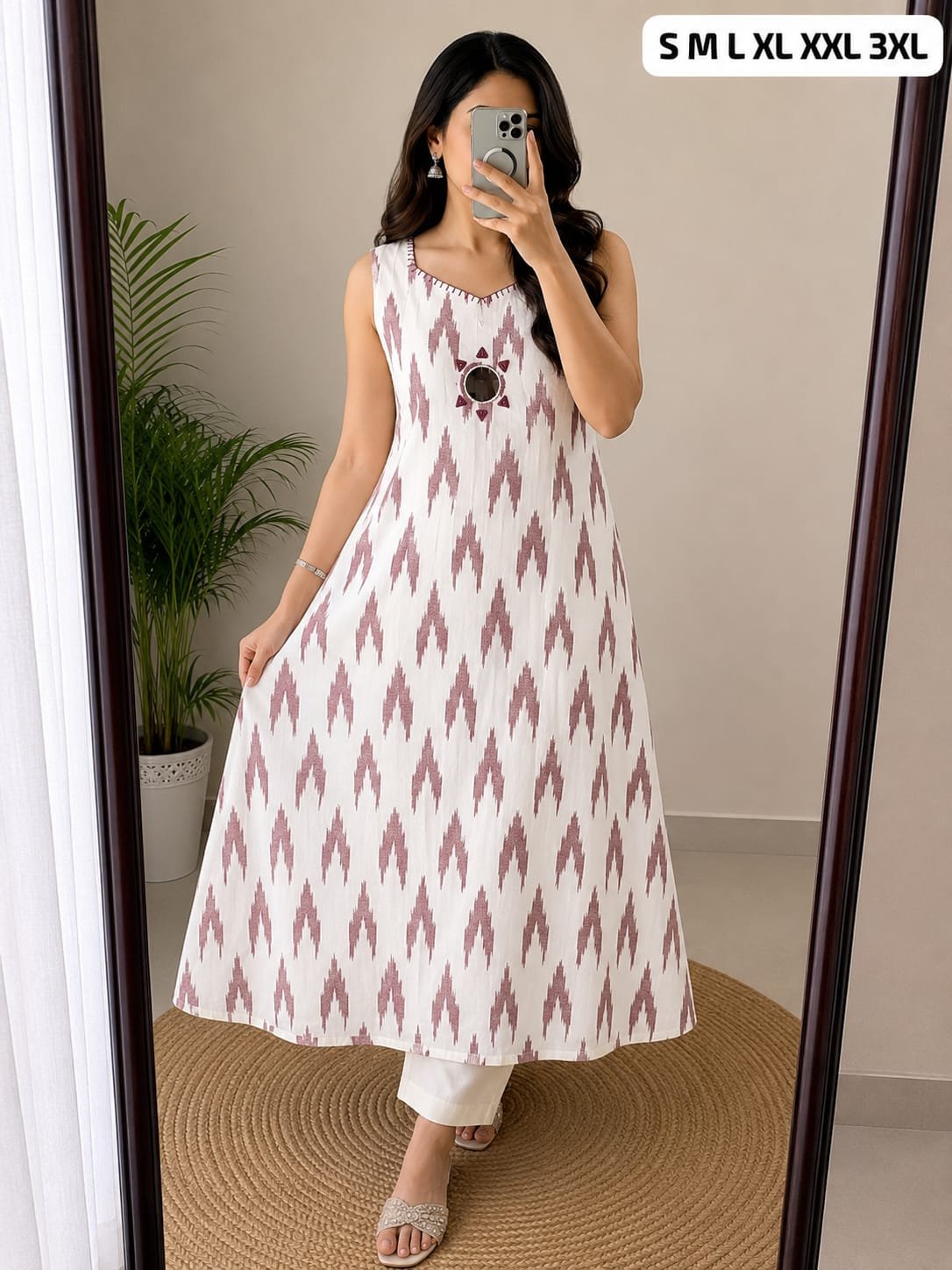 Stylish Sleeveless Khadi Cotton Ikkat Printed Kurti with Pant Set Code!! F .B .K.
