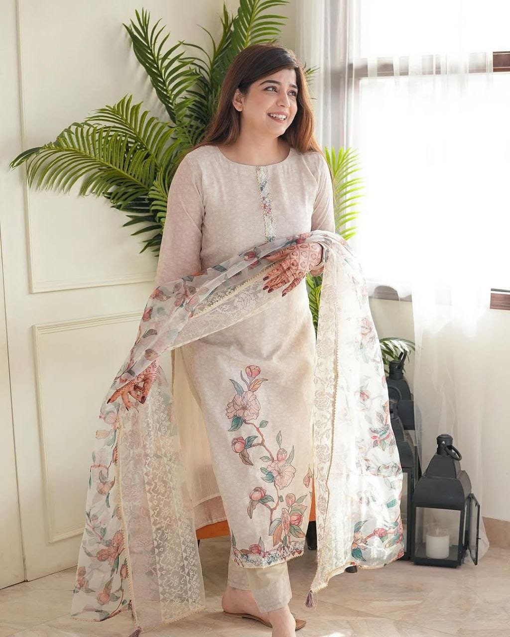 Elegant Printed Linen Suit Set with Floral Detailing & Designer Dupatta Code !! F.B.K.