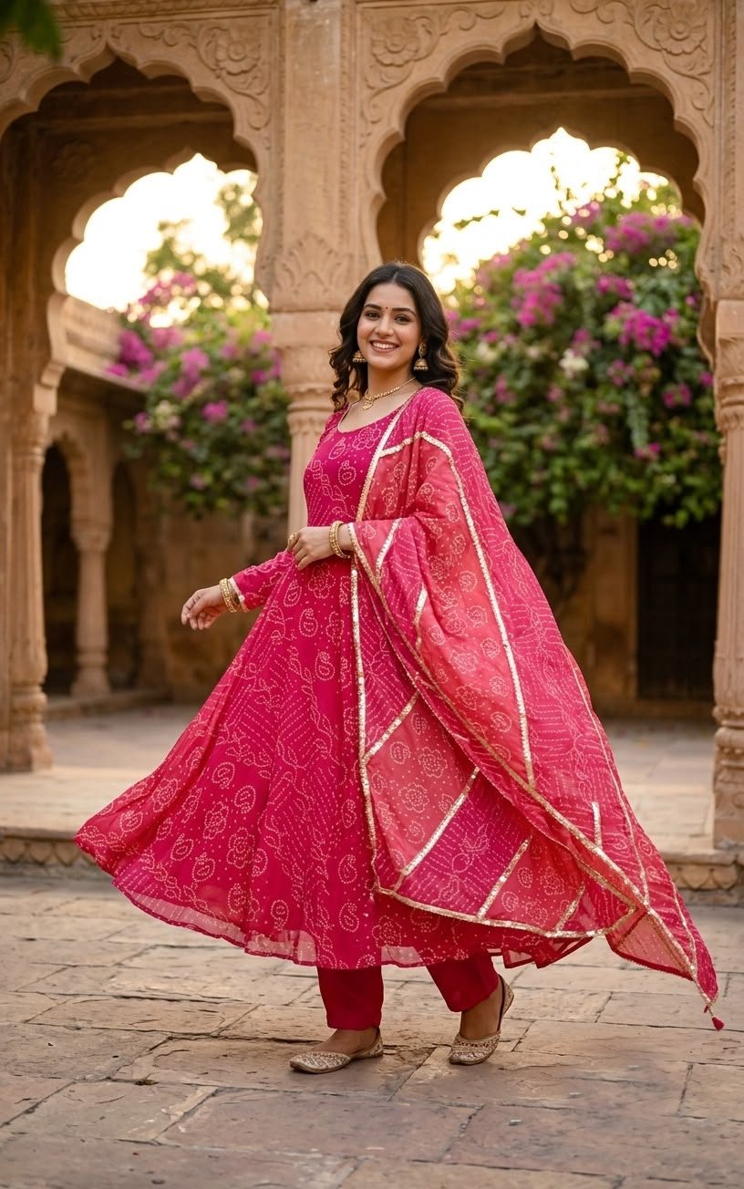 Digital Print Fox Georgette Anarkali Gown Set with Golden Lace Work, Palazzo & Dupatta Code!! F.B.K.