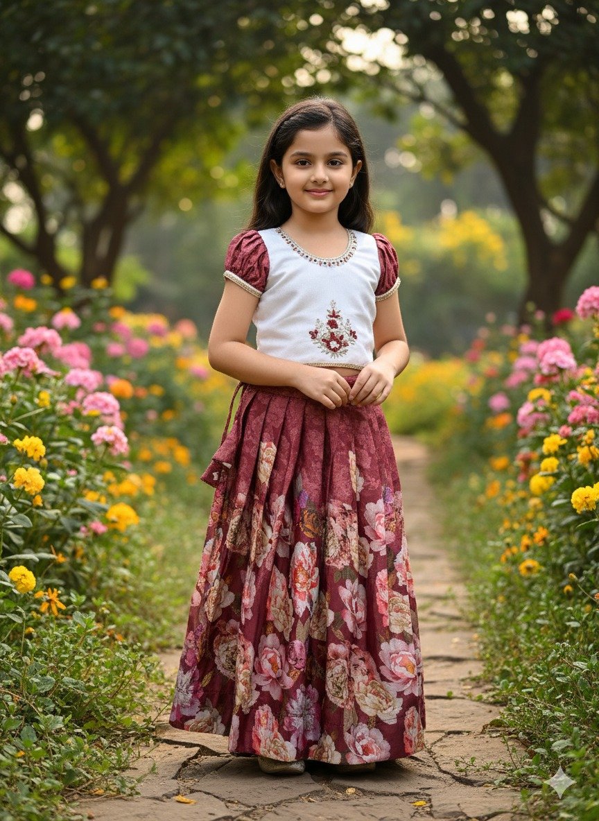 Girls Floral Printed Soft Chinon Lehenga Choli Set with Maggam Work Blouse Code!! F.B.K.W.