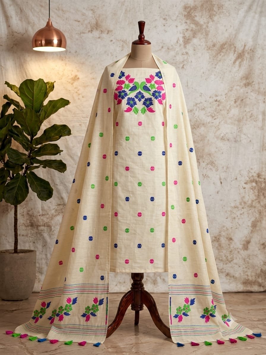 Exclusive Viscose Khadi Unstitched Kurta and Dupatta Set with Embroidered Neck Motif Code!! T T.G.C.