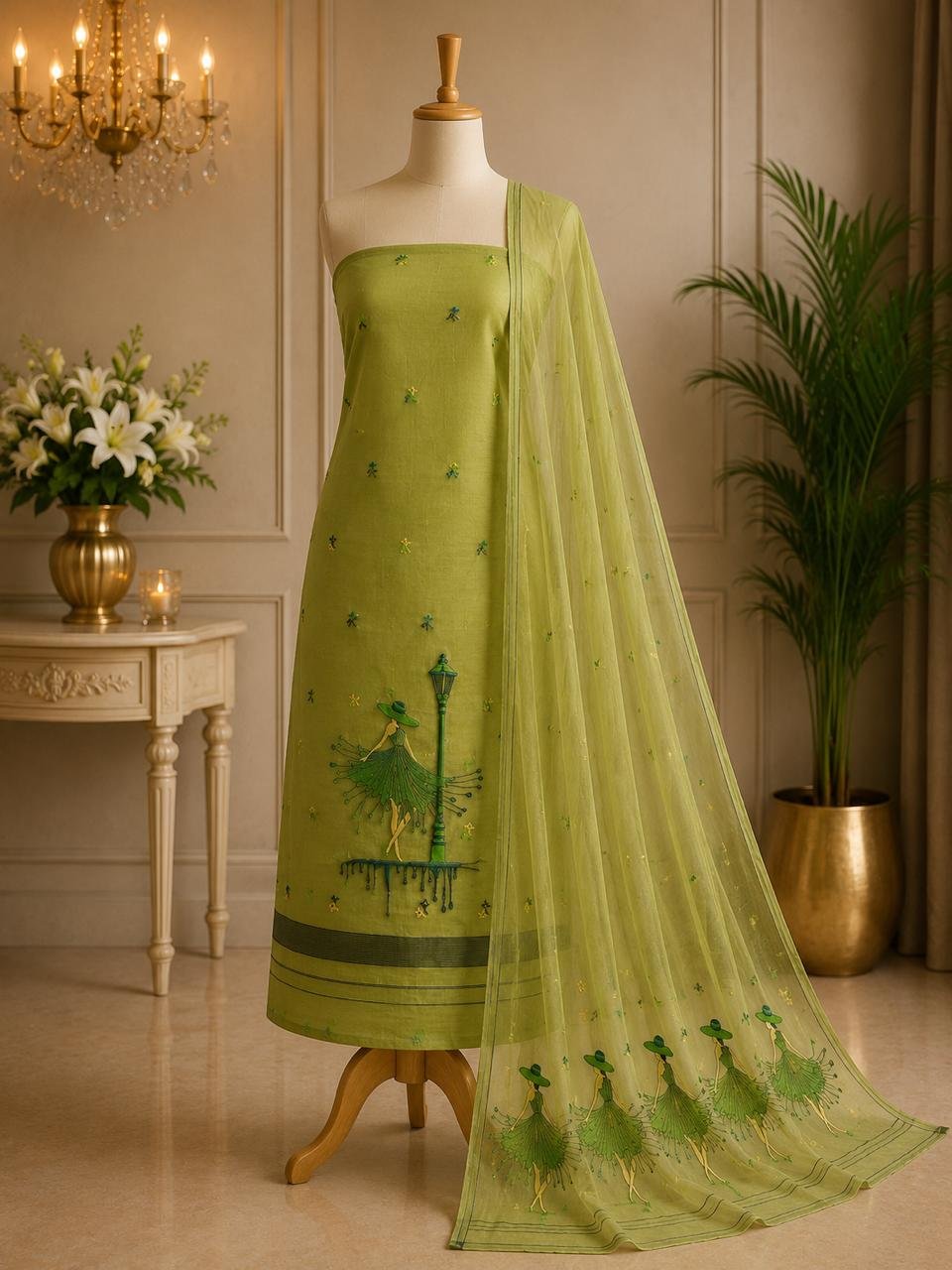 Premium Unstitched Viscose Khadi Kurta Dupatta Set with Traditional Lota Embroidery Code !! T.T.G.C.