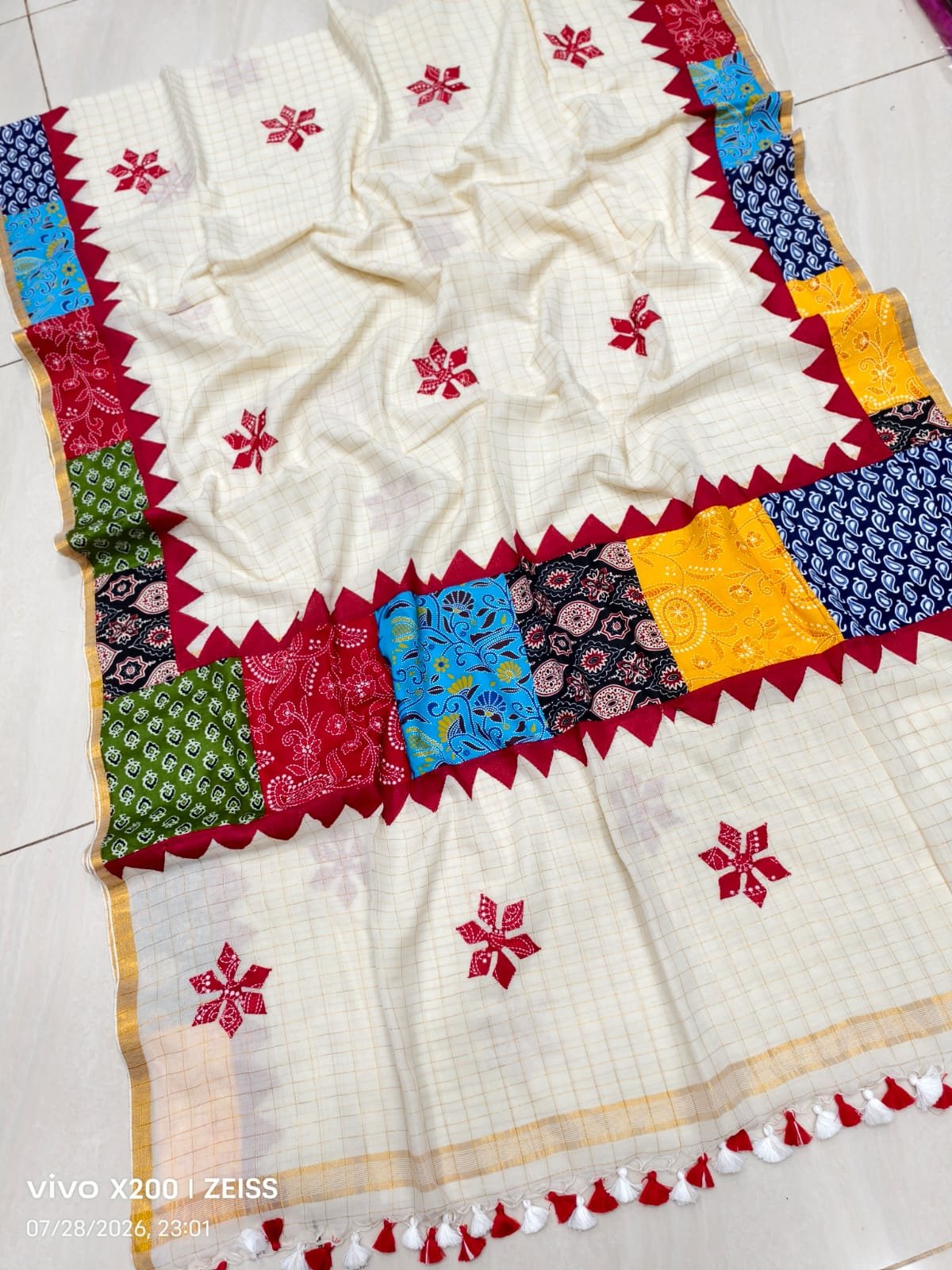 Handloom Pure Cotton Applique Work Saree with Multi-Color Patchwork Border Code !! T T.G.C.