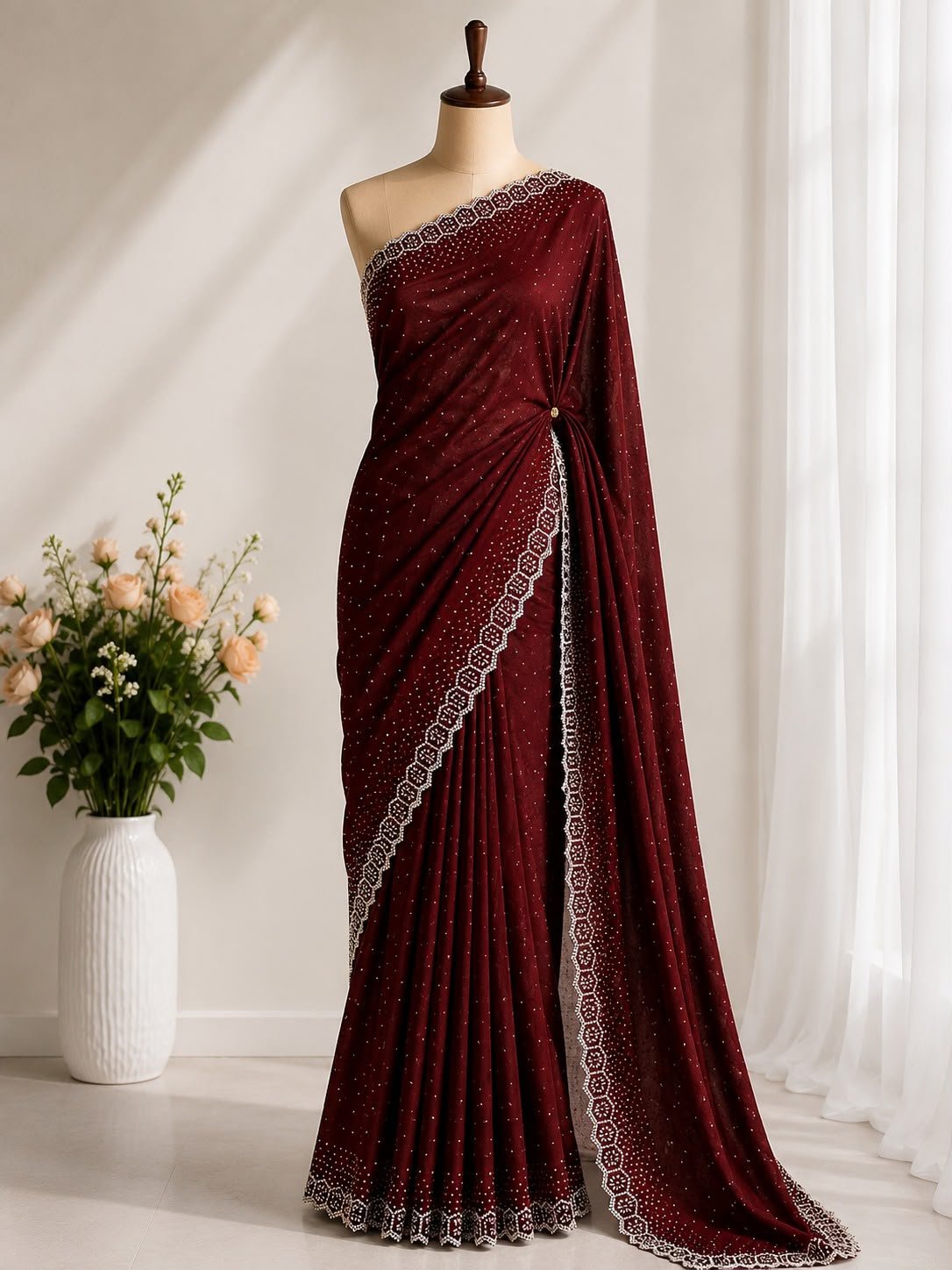 Exclusive Space Silk Saree with Heavy Jarkhan Stone Work & Cutwork Border Code !! F.B.S.