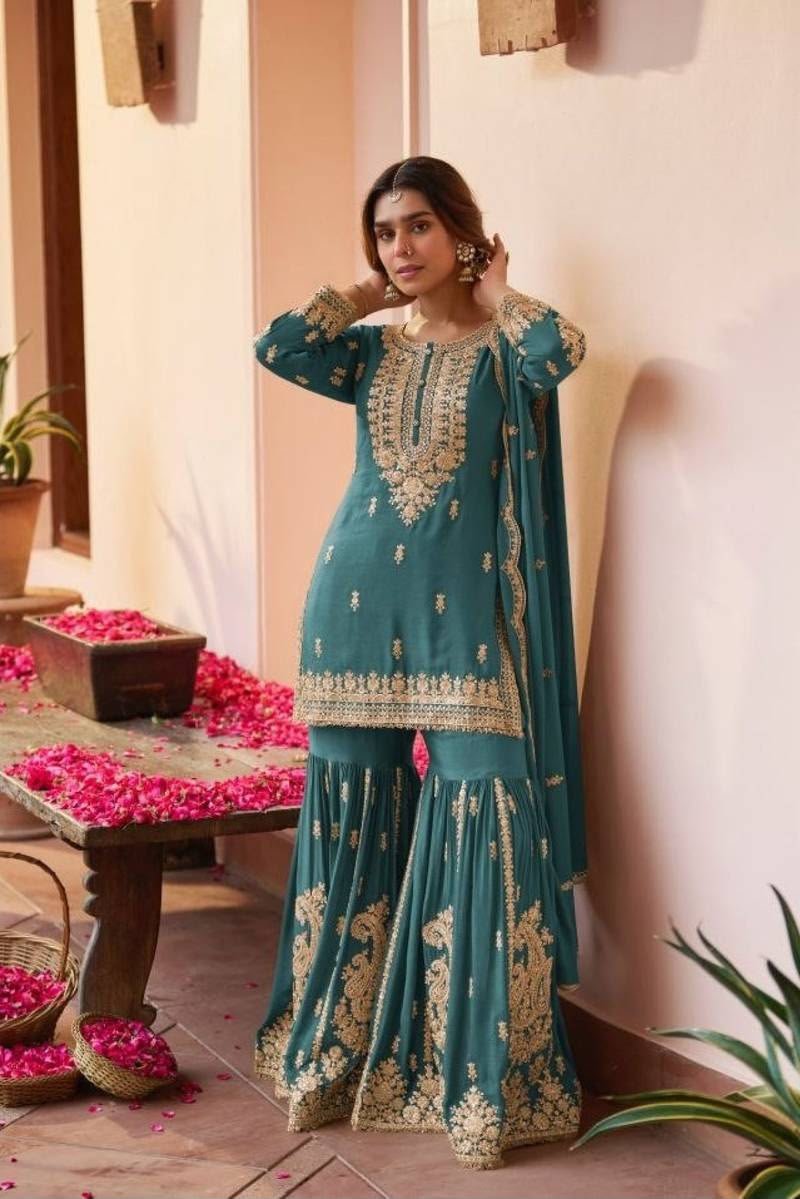 Festive Special Roman Silk Sequence Embroidered Top & Plazzo Set with Organza Dupatta Code !! F.B.S.S.