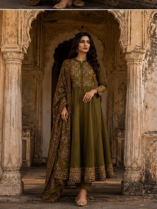 Premium Cotton Printed Full-Flair Anarkali Suit Set with Designer Yoke & Dupatta Code!! F.B.K.