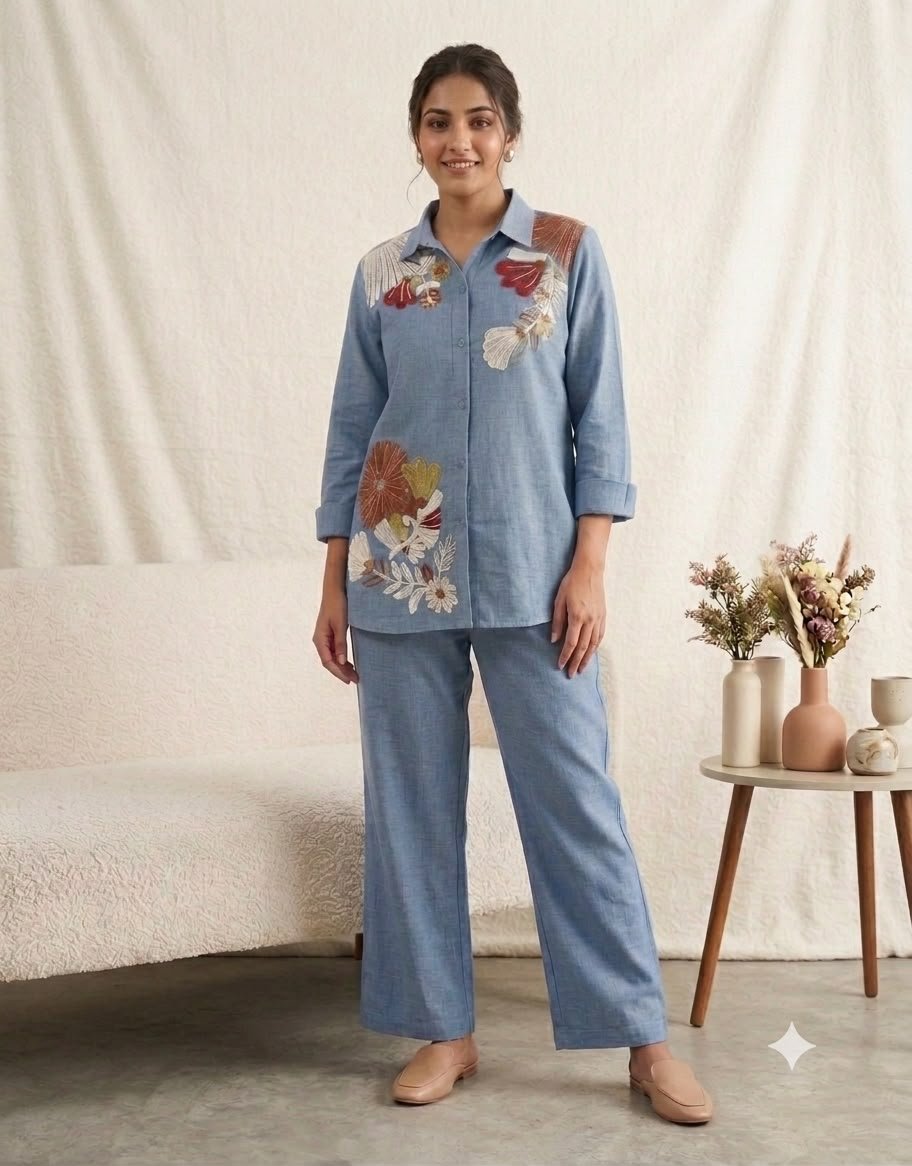 Trendy Sequence Embroidered Cotton Denim Co-Ord Set for Women Code!! F.B.W.