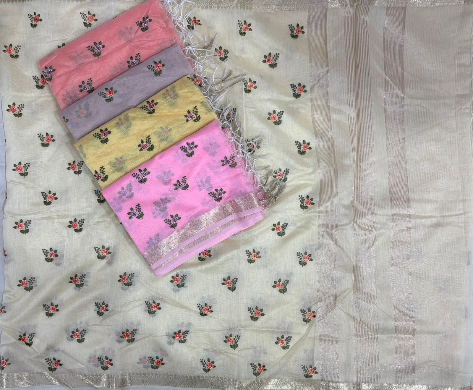 Pure Raw Silk Saree with Floral Thread Embroidery and Zari Border Code !! B.H.C.