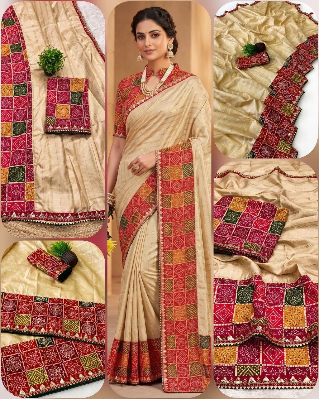 Soft Tussar Silk Bandhani Print Saree with Embroidered Sequin Border Code!! F.B.S.
