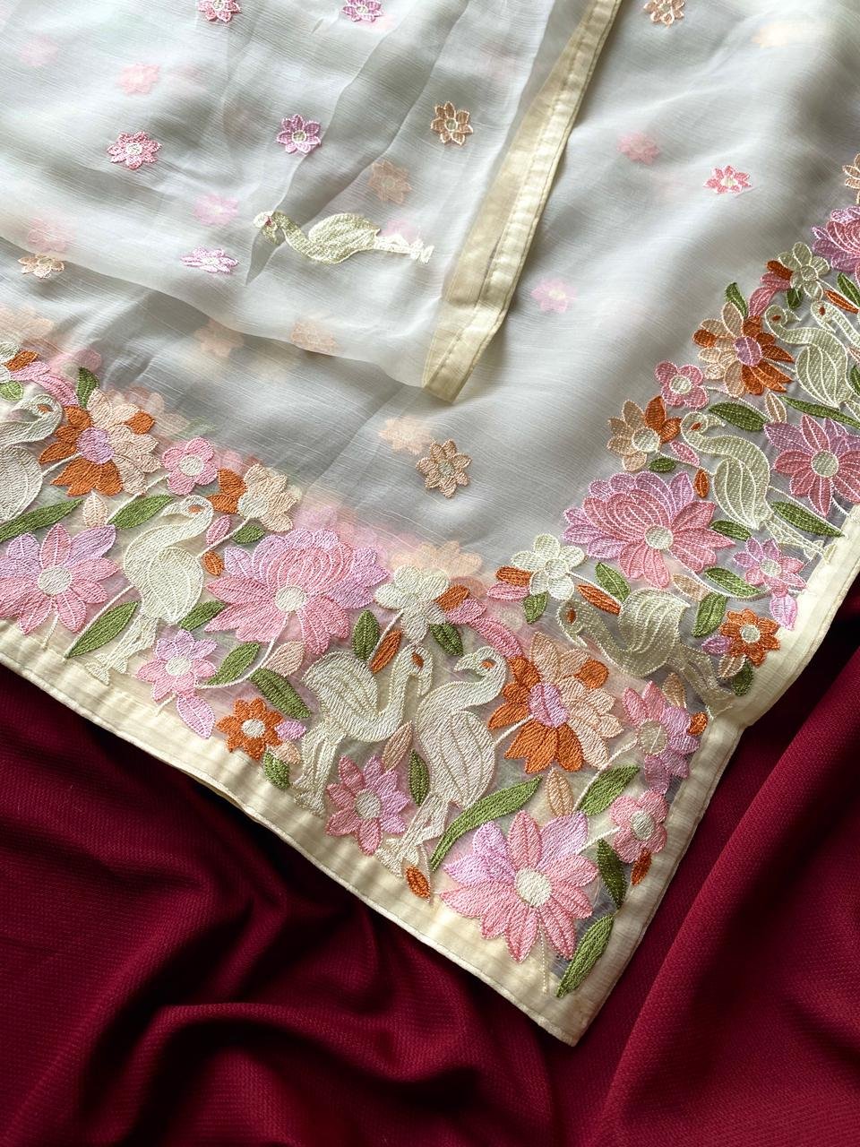 Premium Off-White Chiffon Saree with Pastel Floral & Bird Embroidered Border Code-T.S.K.