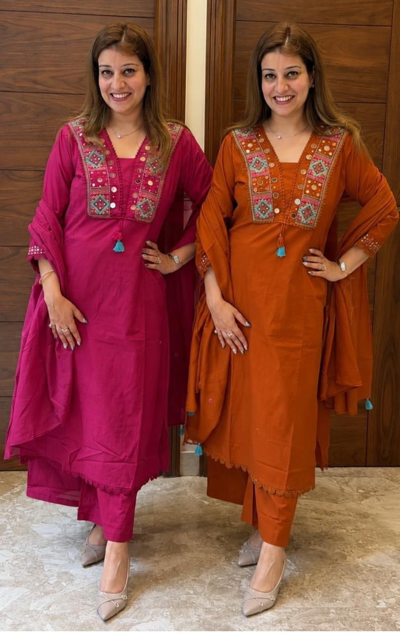 Pure Fine Cotton Embroidered Kurti Pant Set with Dupatta Code !! F.B.K.