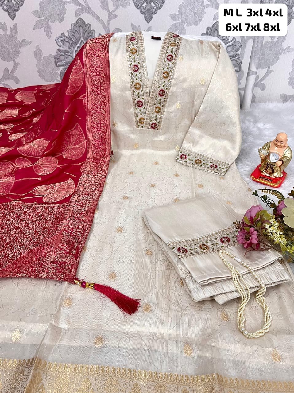 Women Shimmer Jacquard V-Neck Kurta Set with Heavy Daman and Chanderi Dupatta Code!! F.B.K.