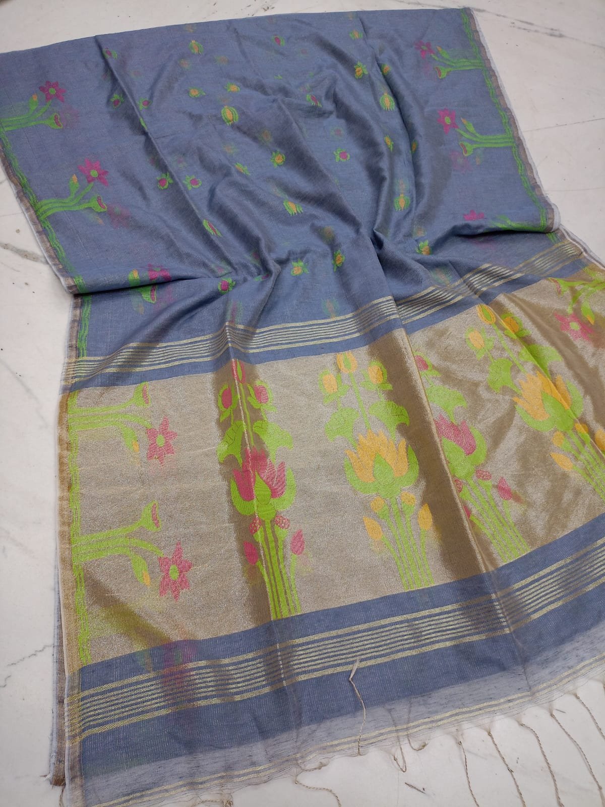 Exclusive Handloom Authentic Tissue Linen Saree with Floral Motif Pallu Code !! T.T.G.C.