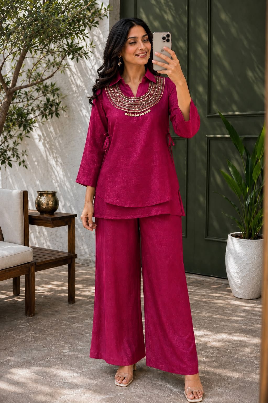Designer Gold Crush Kurti, Palazzo & Sequence Beads Embroidered Koti Set Code !! F.B.K.