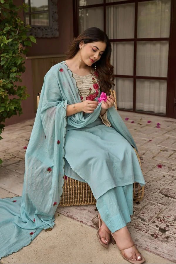Premium Coral Silk Embroidered Kurti Set with Stitched Pants & Chanderi Dupatta Code !! F B.K.