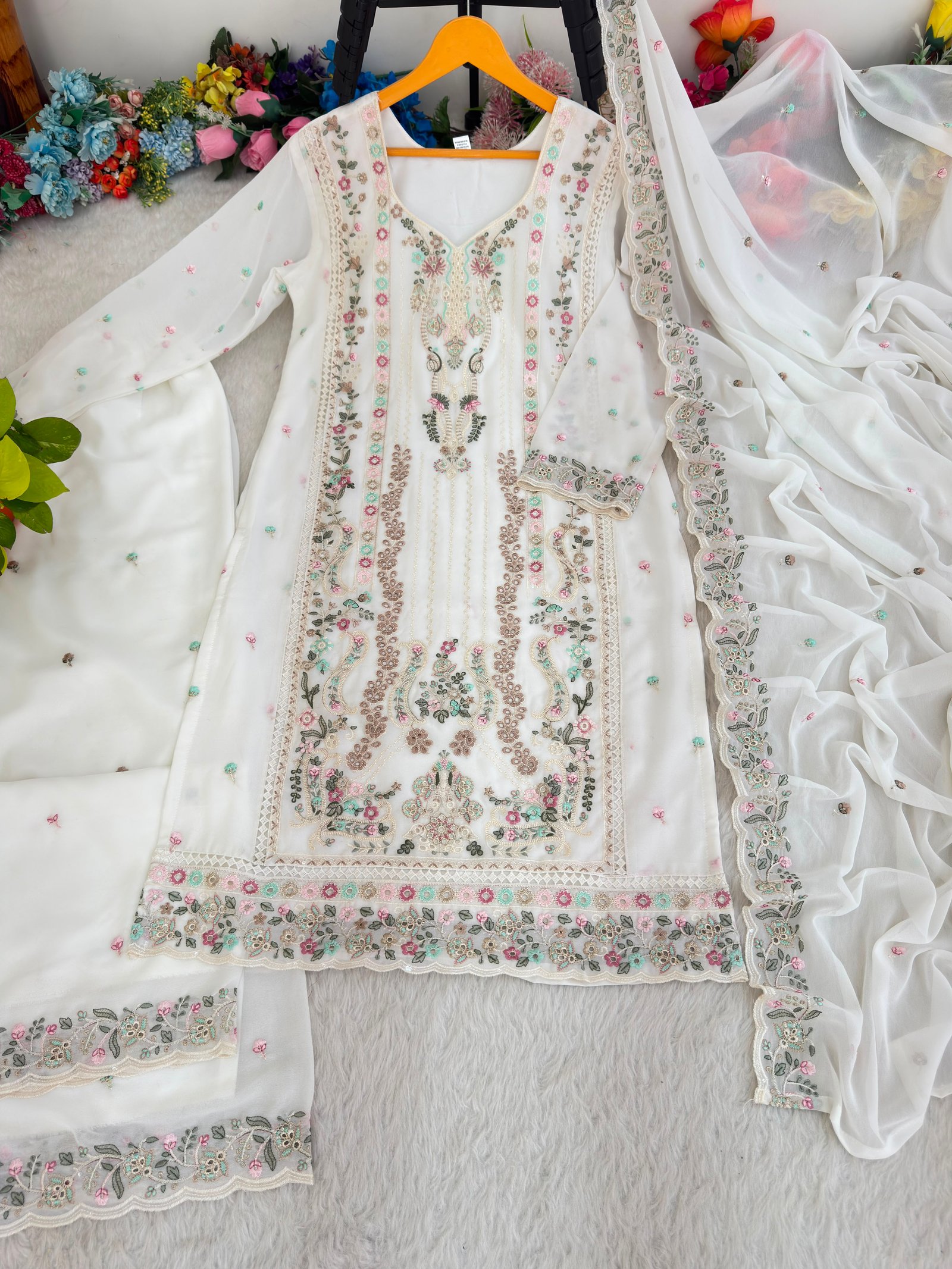 Designer Heavy Fox Georgette Sequins Embroidered Top & Palazzo Suit Set with Dupatta Code!! F.B.S.S.