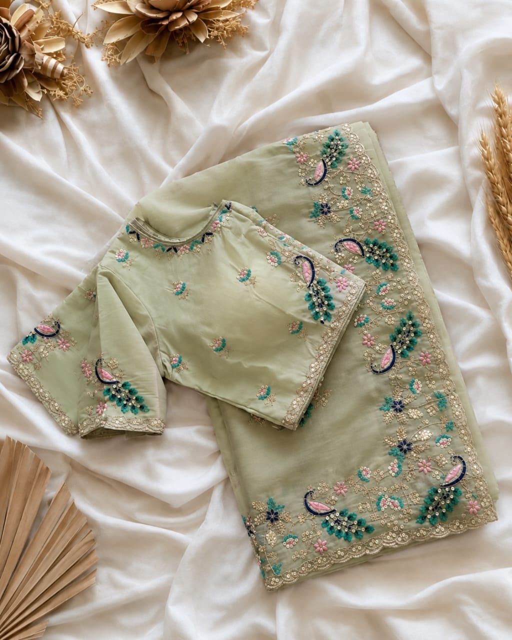 Pure Organza Silk Saree with Sequence Embroidery, Arc Cutting Border & Readymade Padded Blouse Code!! F B.S.