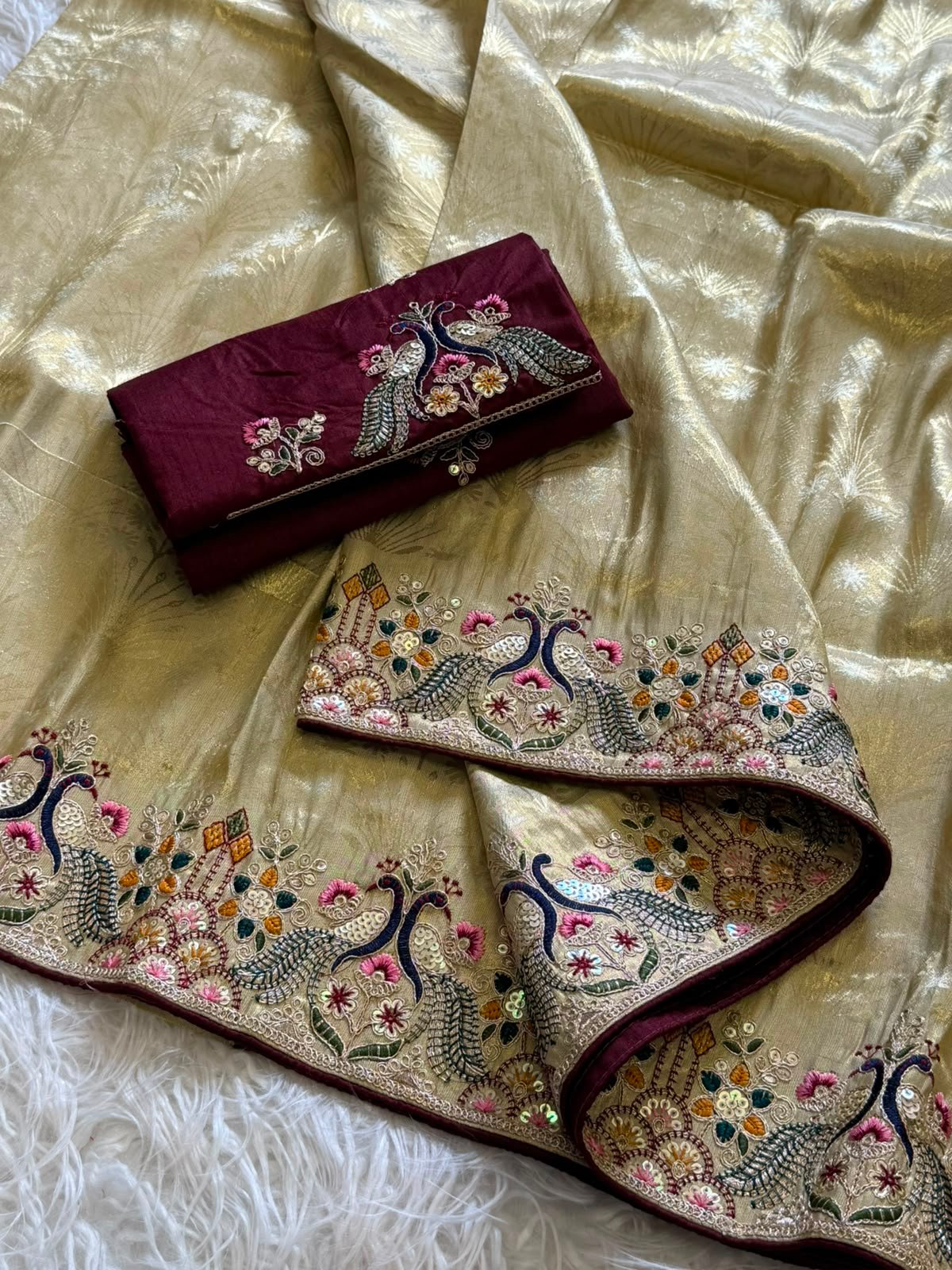 Space Silk Saree with Butti, Jarkhan & Peacock Stone Embroidery Code !! F.B.S.