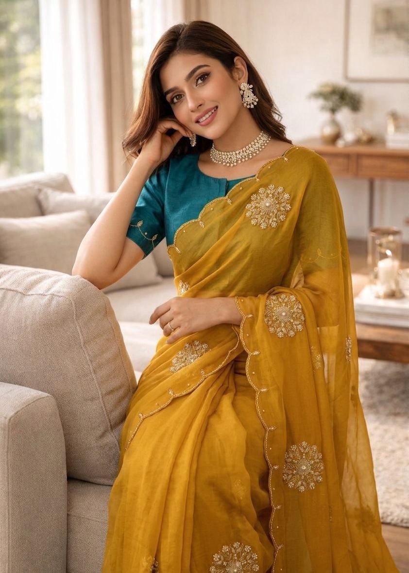 Two-Tone Soft Tissue Fandy Satin Saree with Moti, Gota Patti & Sequence Work Code !! F.B.S.