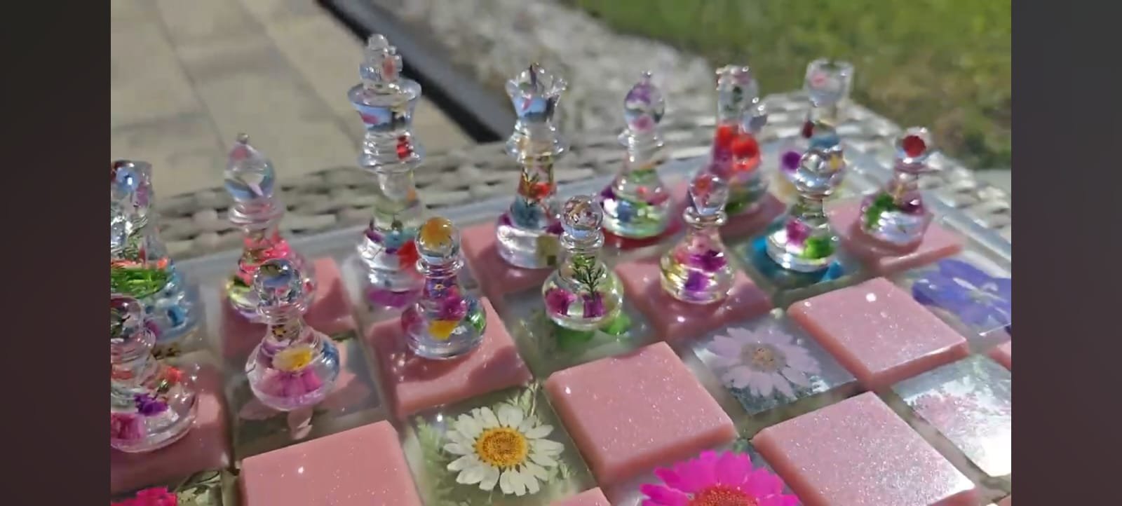 12-Inch Epoxy Resin Chess Board Set with Custom Gold Leaf & Floral Pieces