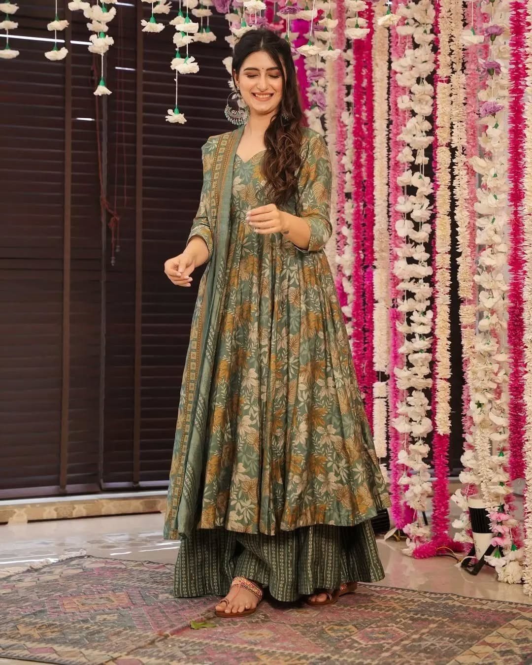 Printed Rayon Slub Anarkali Kurta Pant Set with Chanderi Dupatta Code-F.D.F.