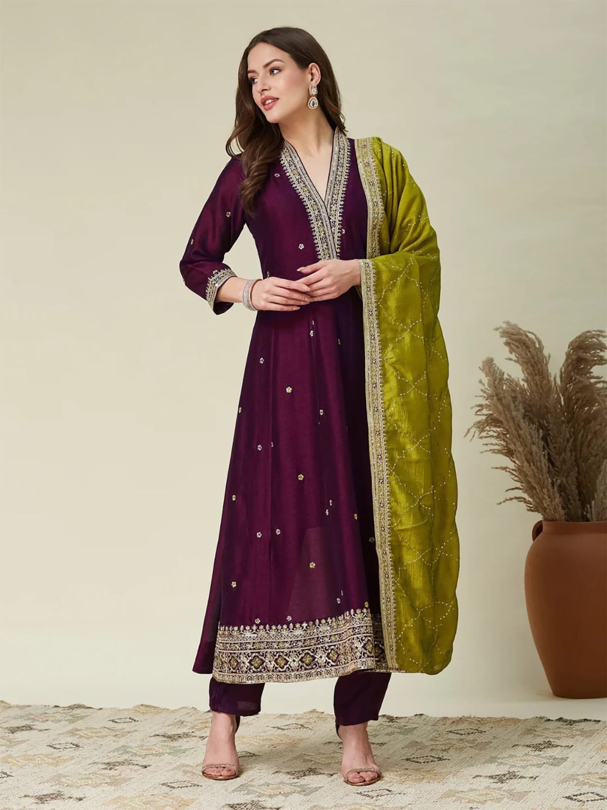 Embroidered Vichitra Silk Kurta Set with Crepe Bottom and Contrast Dupatta Code-F.D.F.